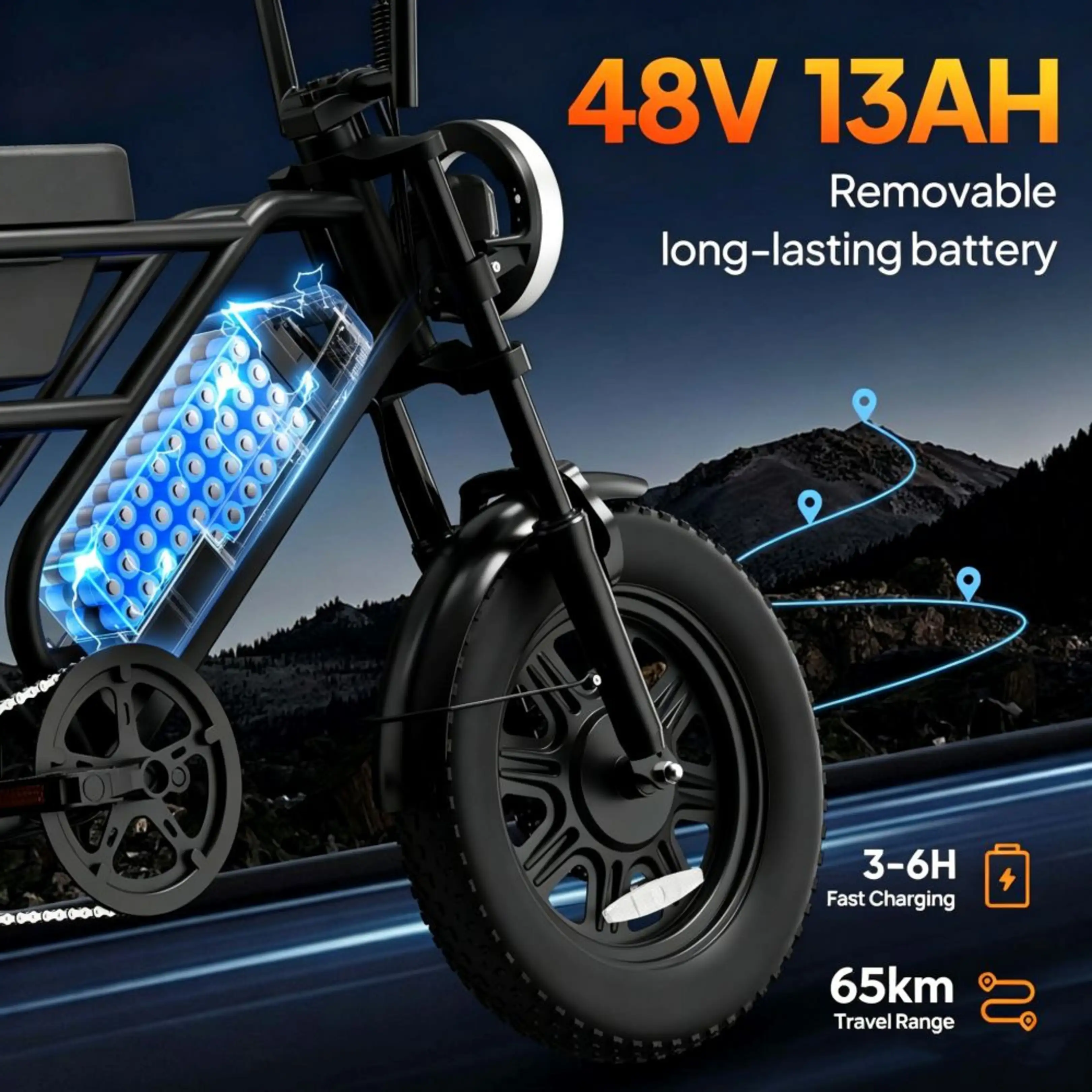 Schwarzes E-Bike vor Berglandschaft mit Batterie Grafik und Text 48V 13AH.