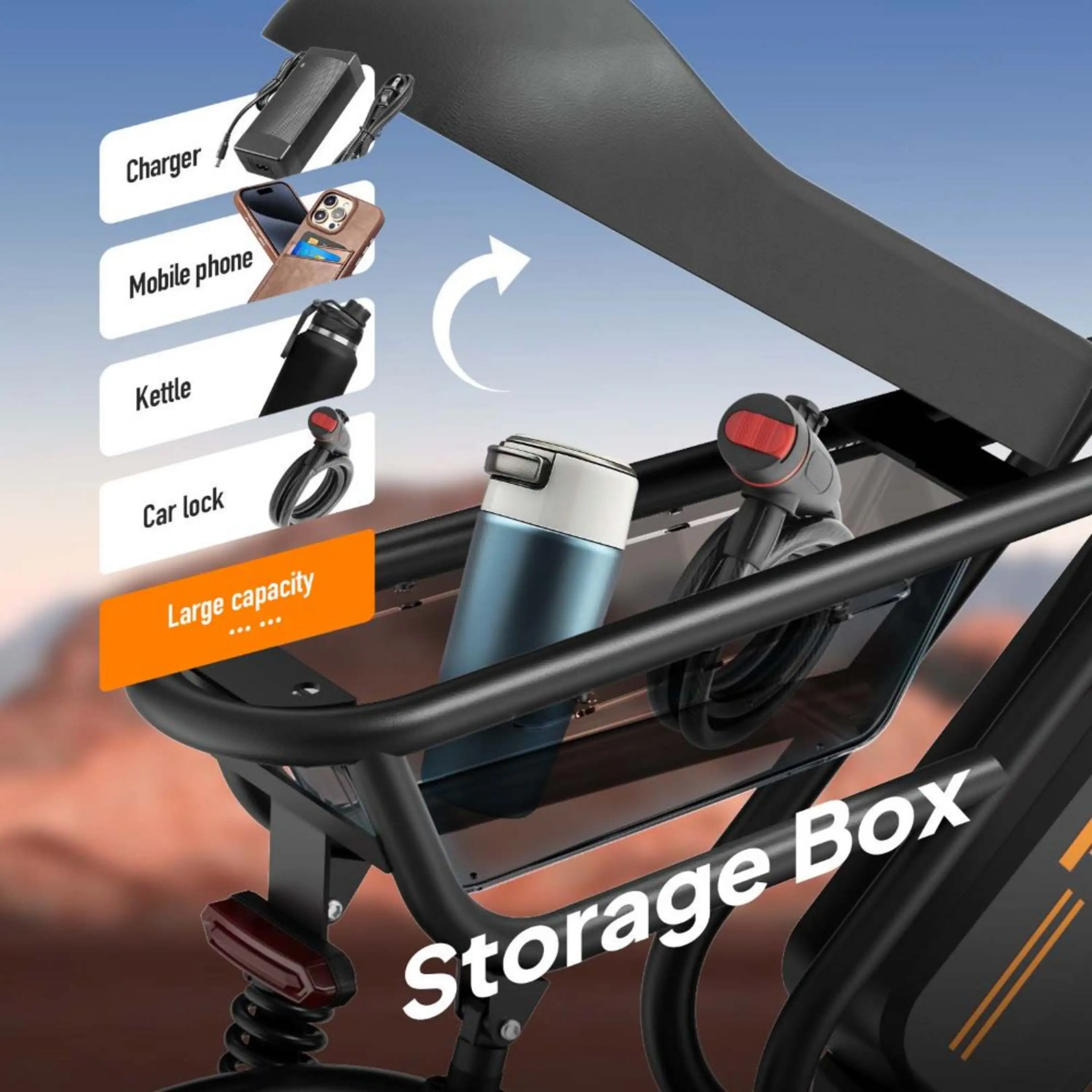 E-Bike-Aufbewahrungsbox unter dem Sitz mit integrierten Fächern für Ladegerät, Handy, Flasche und Schloss.