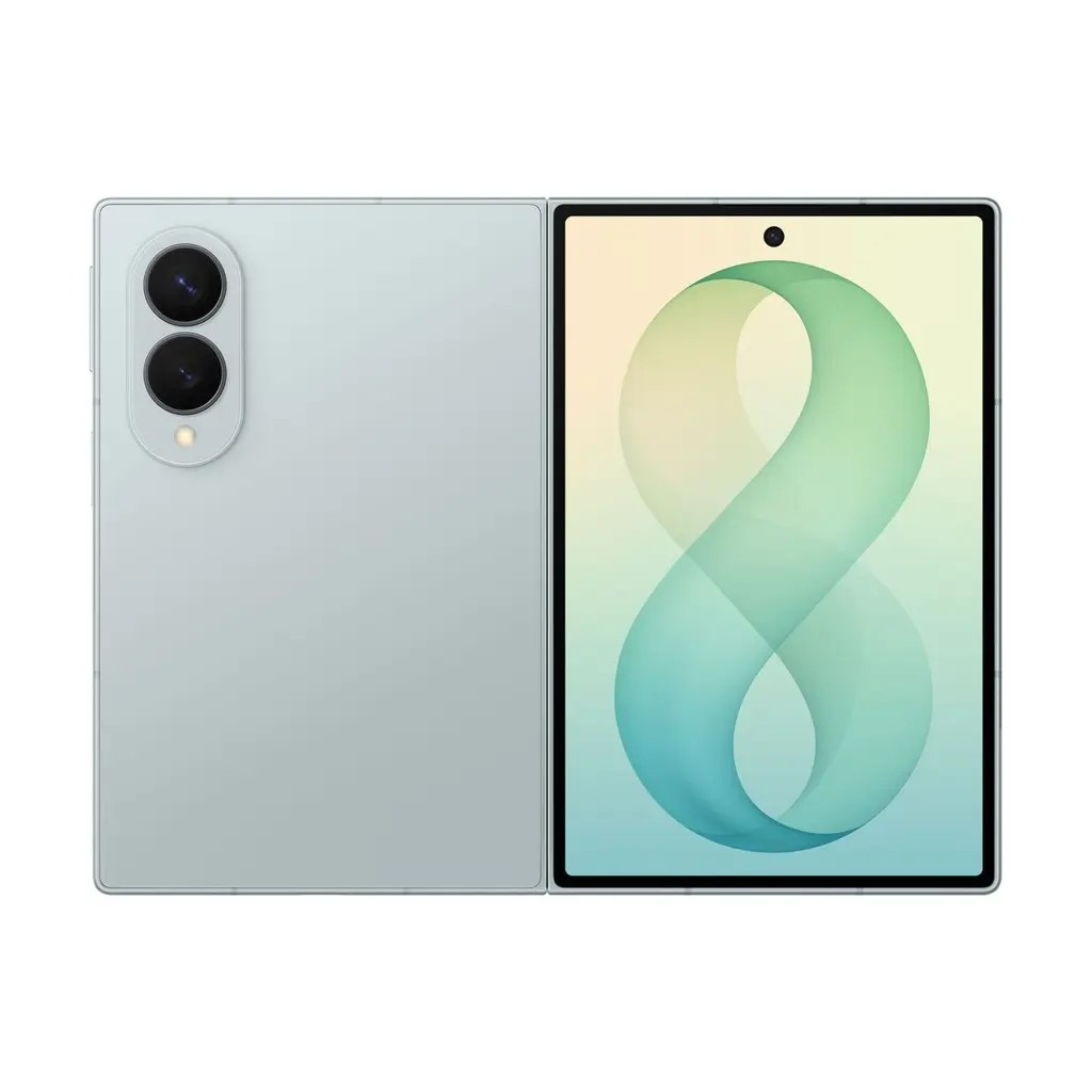Un smartphone plegable plateado muestra un patrón verde abstracto en su pantalla.