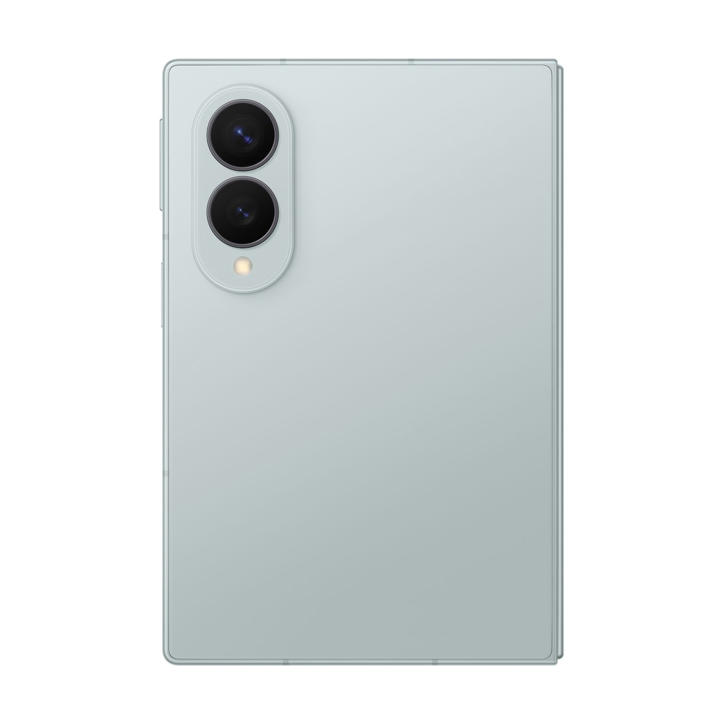 Parte trasera de un smartphone azul claro con un módulo de cámara vertical arriba a la izquierda sobre fondo blanco.