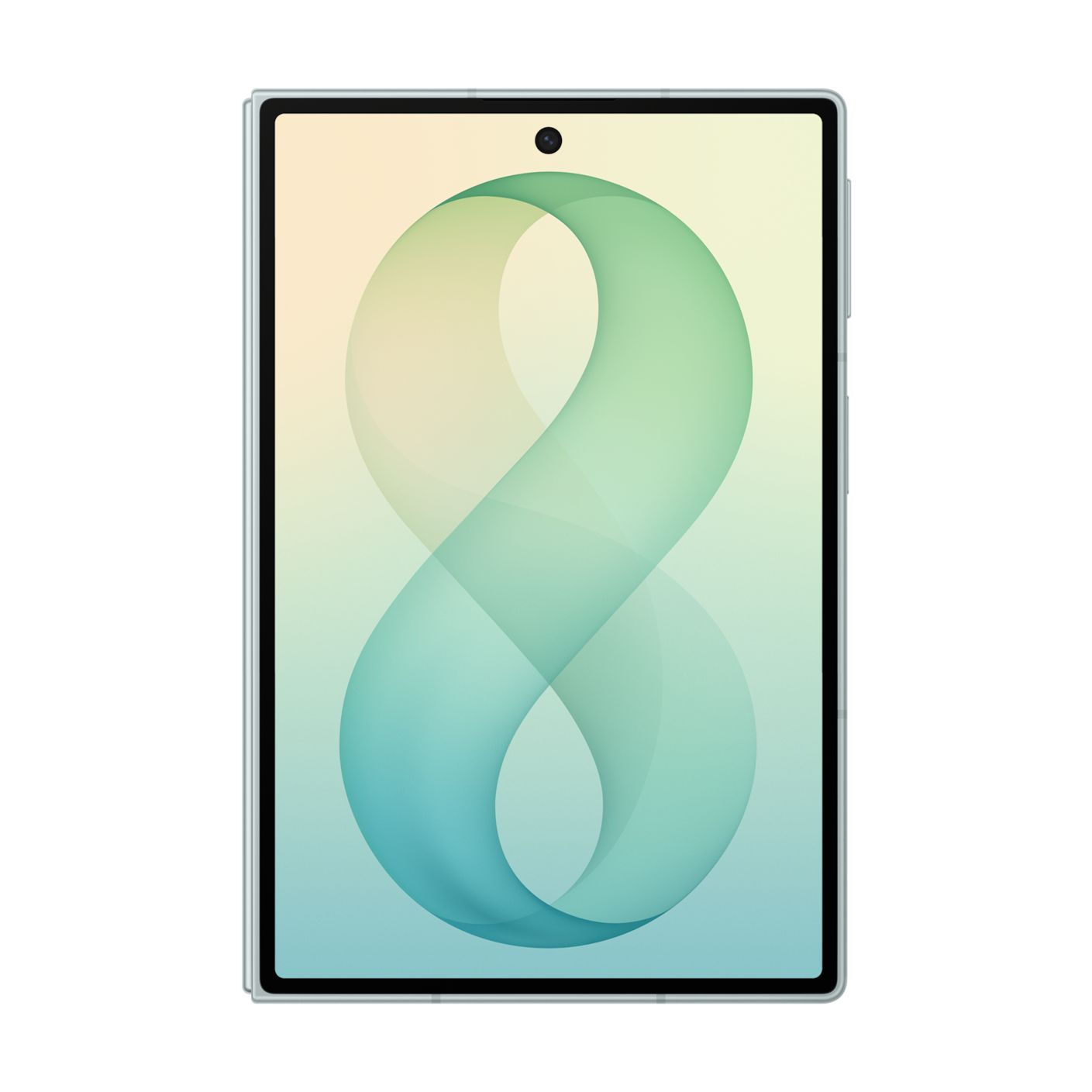 Un teléfono inteligente muestra una pantalla con un motivo de patrón curvo azul-verde en forma de ocho.