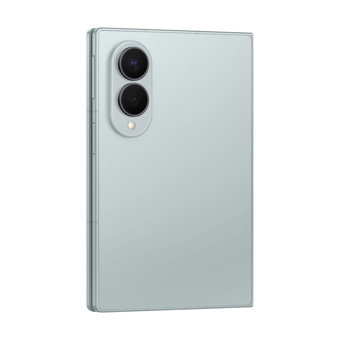 Parte trasera de un smartphone plegable verde claro con doble cámara vertical.