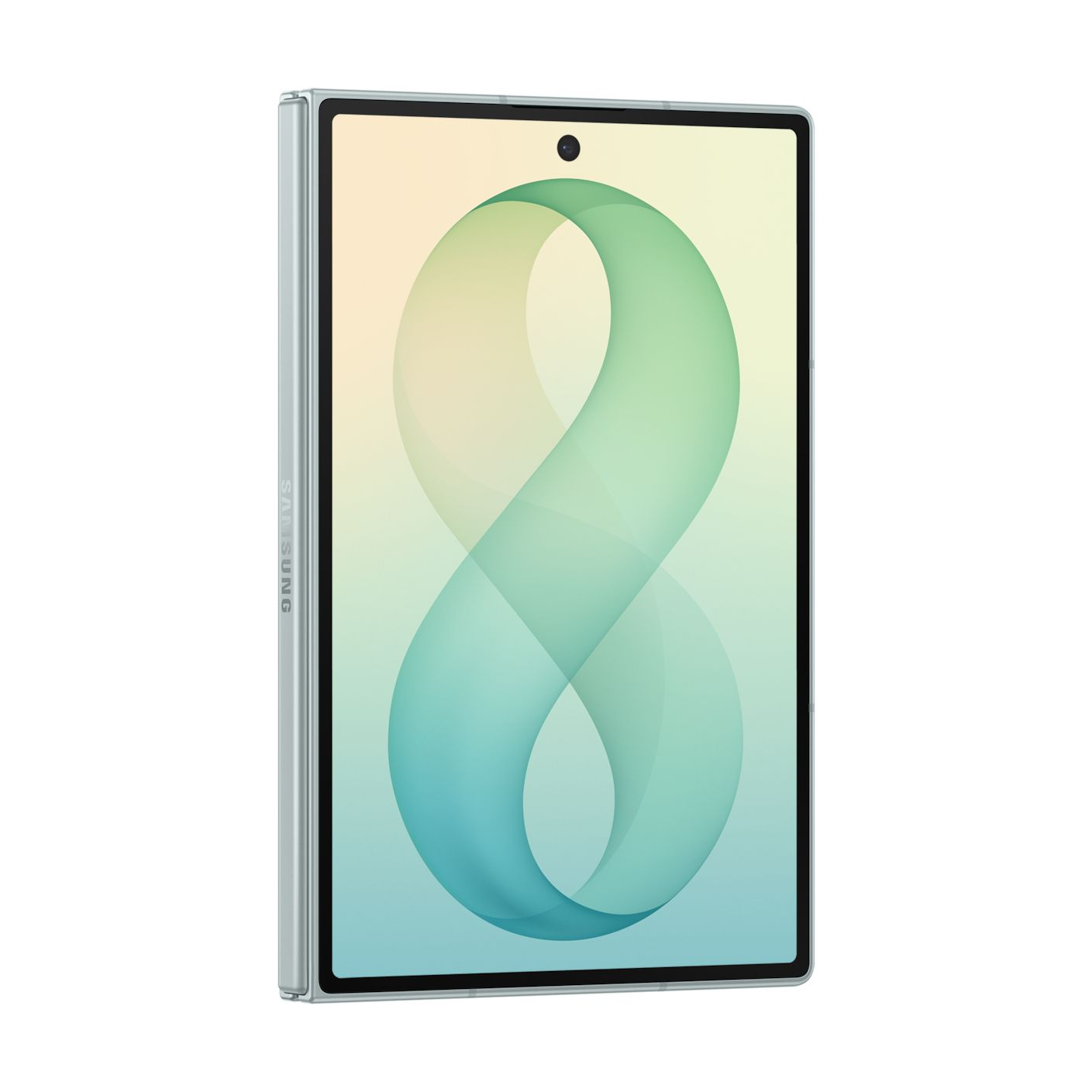 Un teléfono inteligente plegable plateado con un patrón de bucle infinito verde en la pantalla.