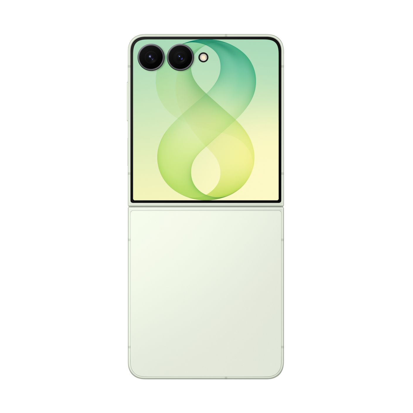 Un smartphone plegable verde claro con dos cámaras y un patrón verde curvo en la pantalla exterior.