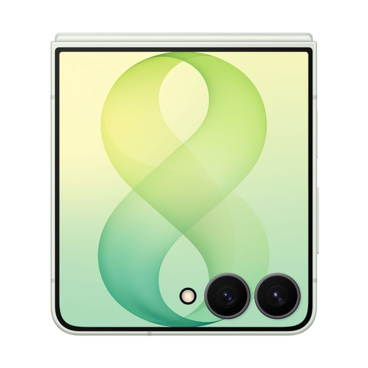 Un smartphone plegable con un fondo abstracto verde y amarillo y dos cámaras abajo a la derecha.