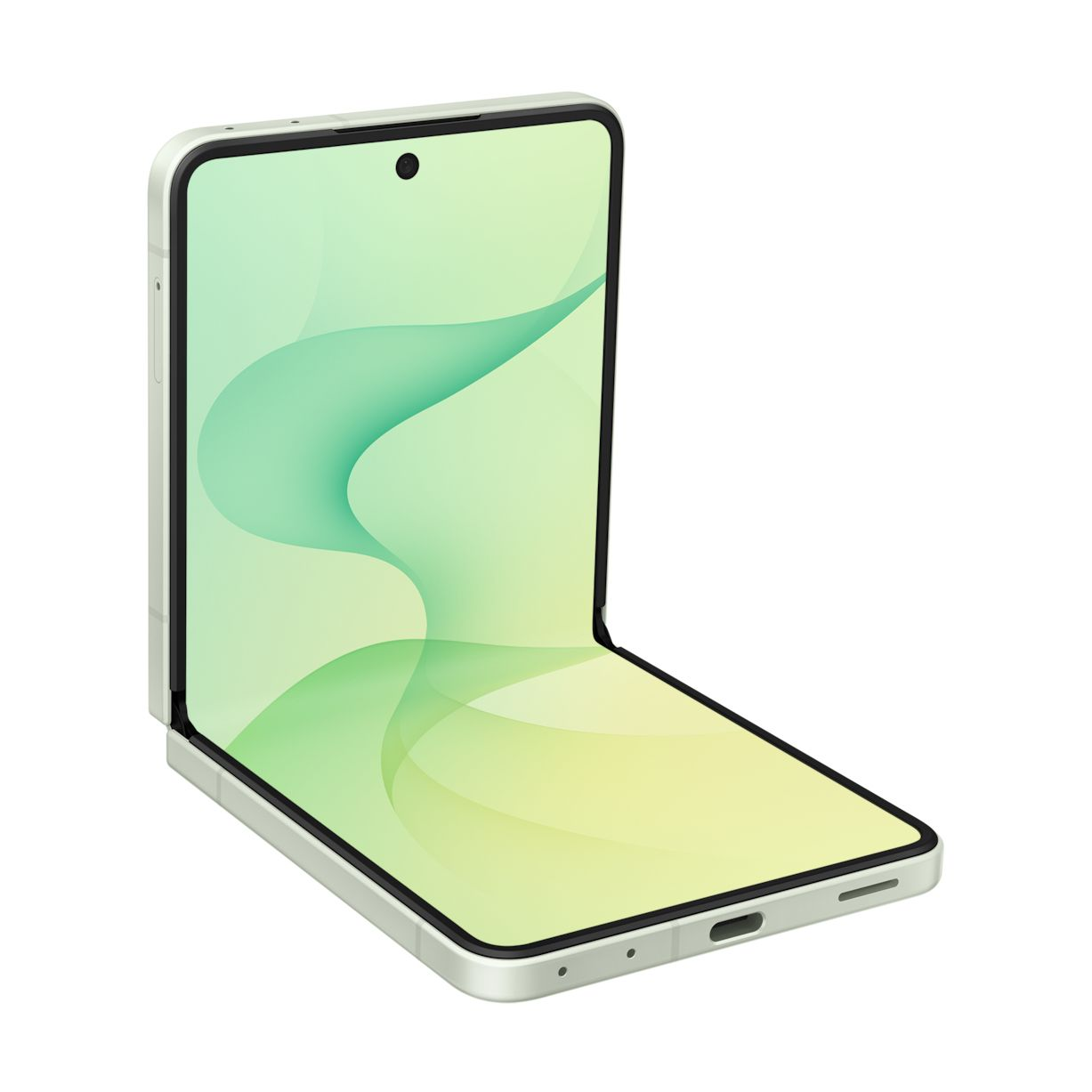 Un smartphone plegable verde claro está medio abierto, mostrando un fondo de pantalla abstracto y ondulado.