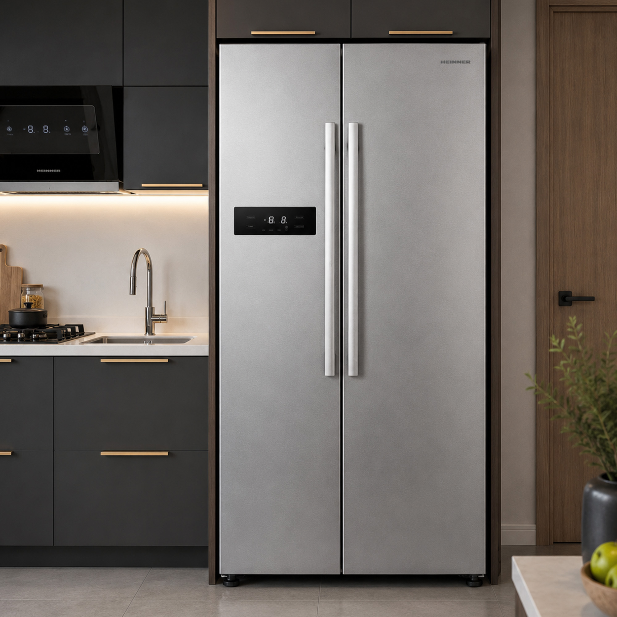 Réfrigérateur à double porte en acier inoxydable dans une cuisine moderne sombre.