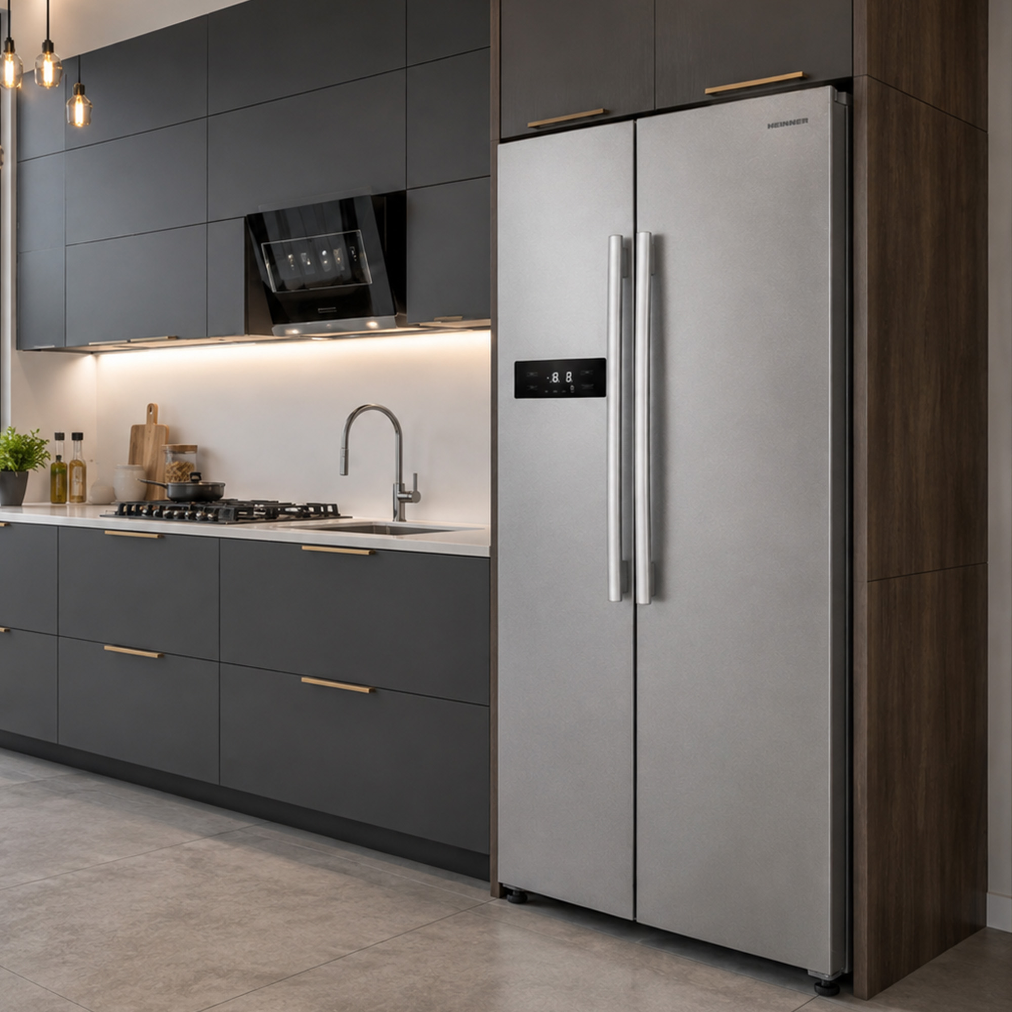 Une cuisine moderne avec des placards gris foncé, un plan de travail en inox et un réfrigérateur argenté.