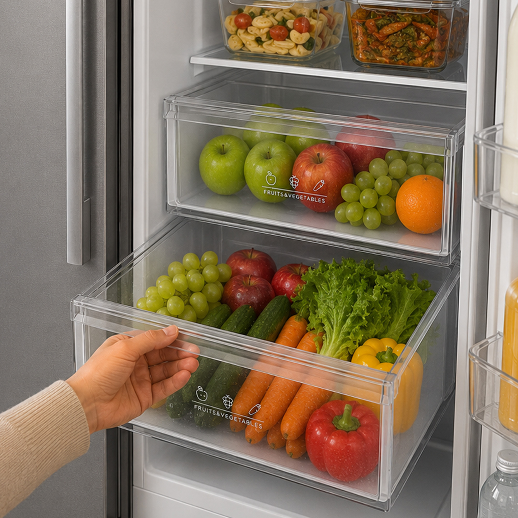Bac à légumes ouvert du réfrigérateur rempli de fruits et légumes frais comme des pommes, de la salade et des carottes.