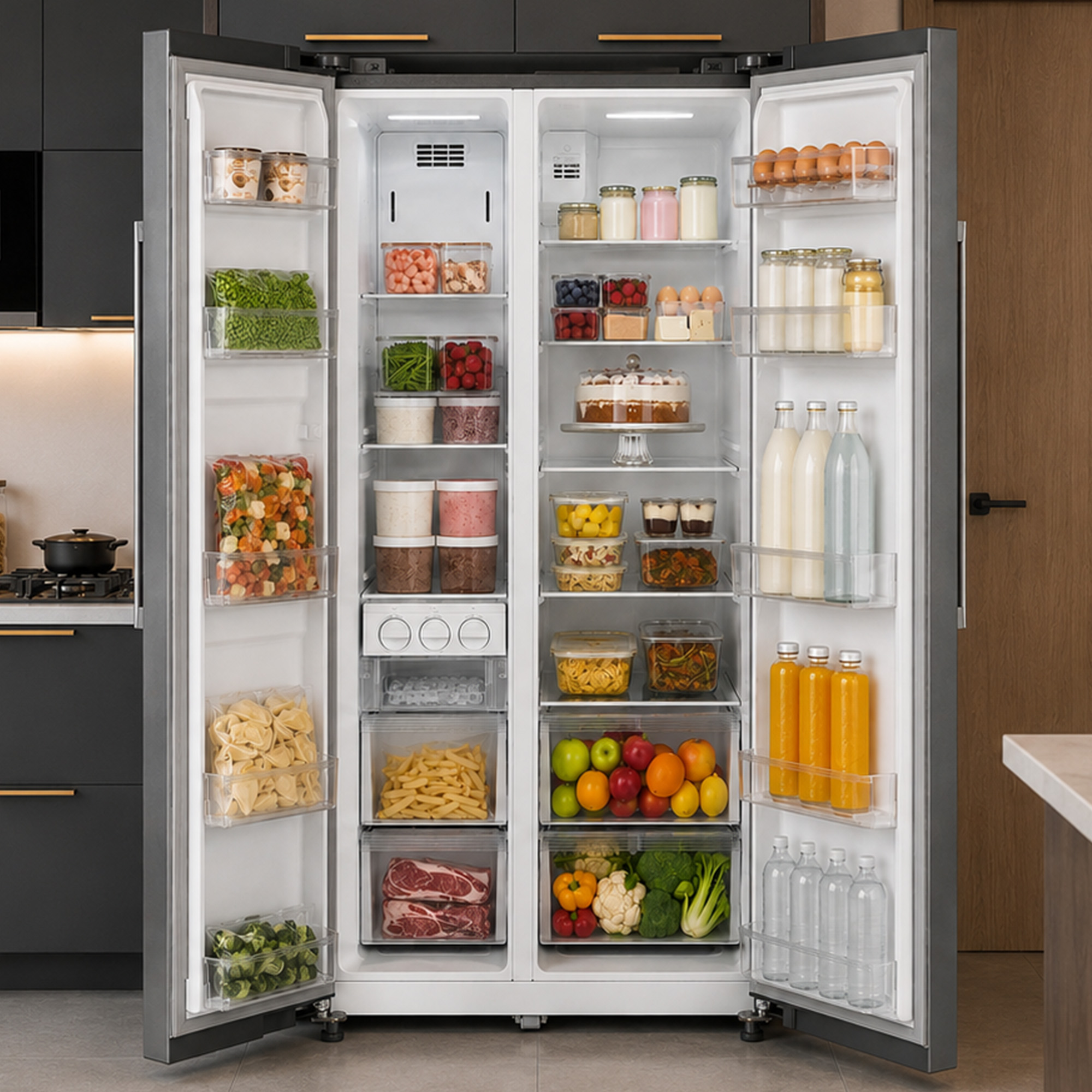 Un réfrigérateur ouvert rempli d'aliments, boissons, légumes et produits organisés sur toutes les étagères.