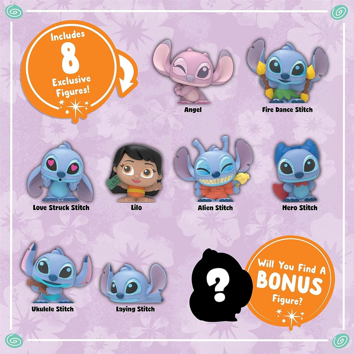 Disney Stitch Sammelfiguren Set mit Angel, Lilo und verschiedenen Stitch-Varianten auf lila Hintergrund.