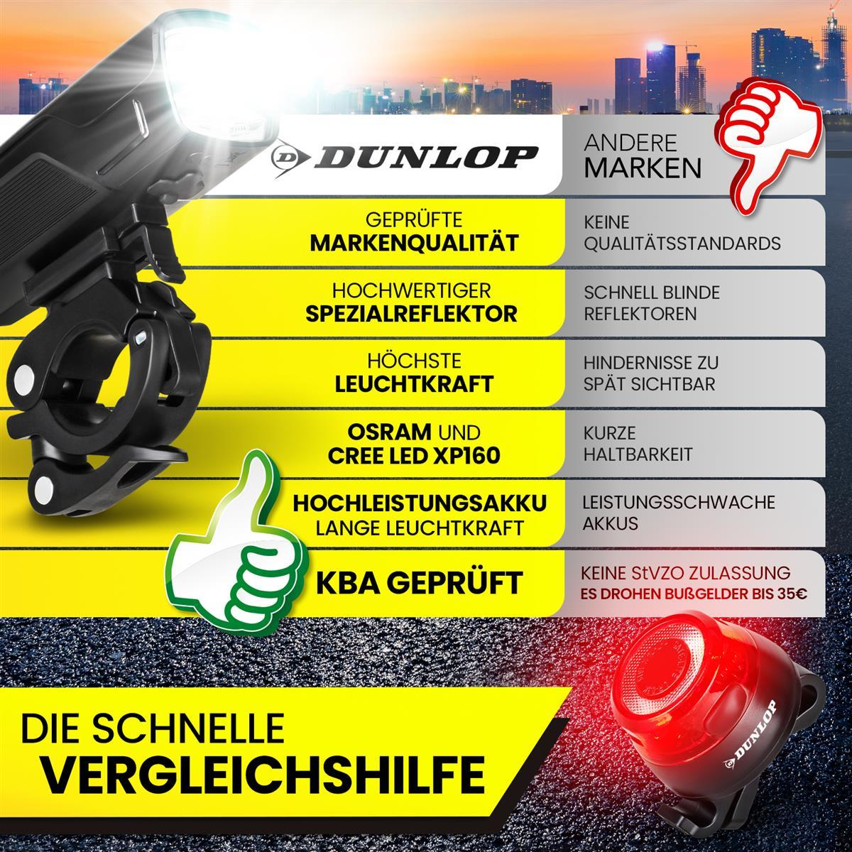 Vergleichstabelle für Dunlop Fahrradbeleuchtung mit positiven und negativen Merkmalen.