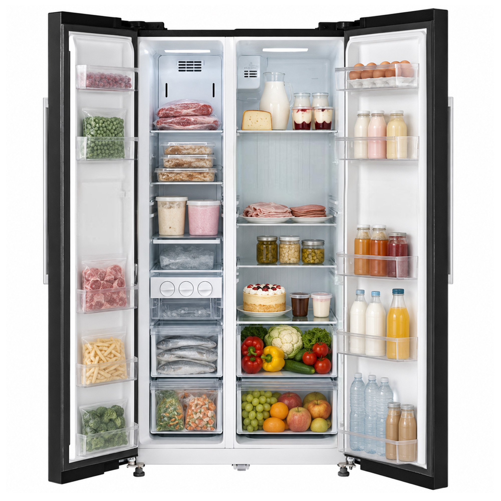 Un réfrigérateur à double porte ouvert rempli d'aliments organisés, de légumes, de fruits et de bouteilles.