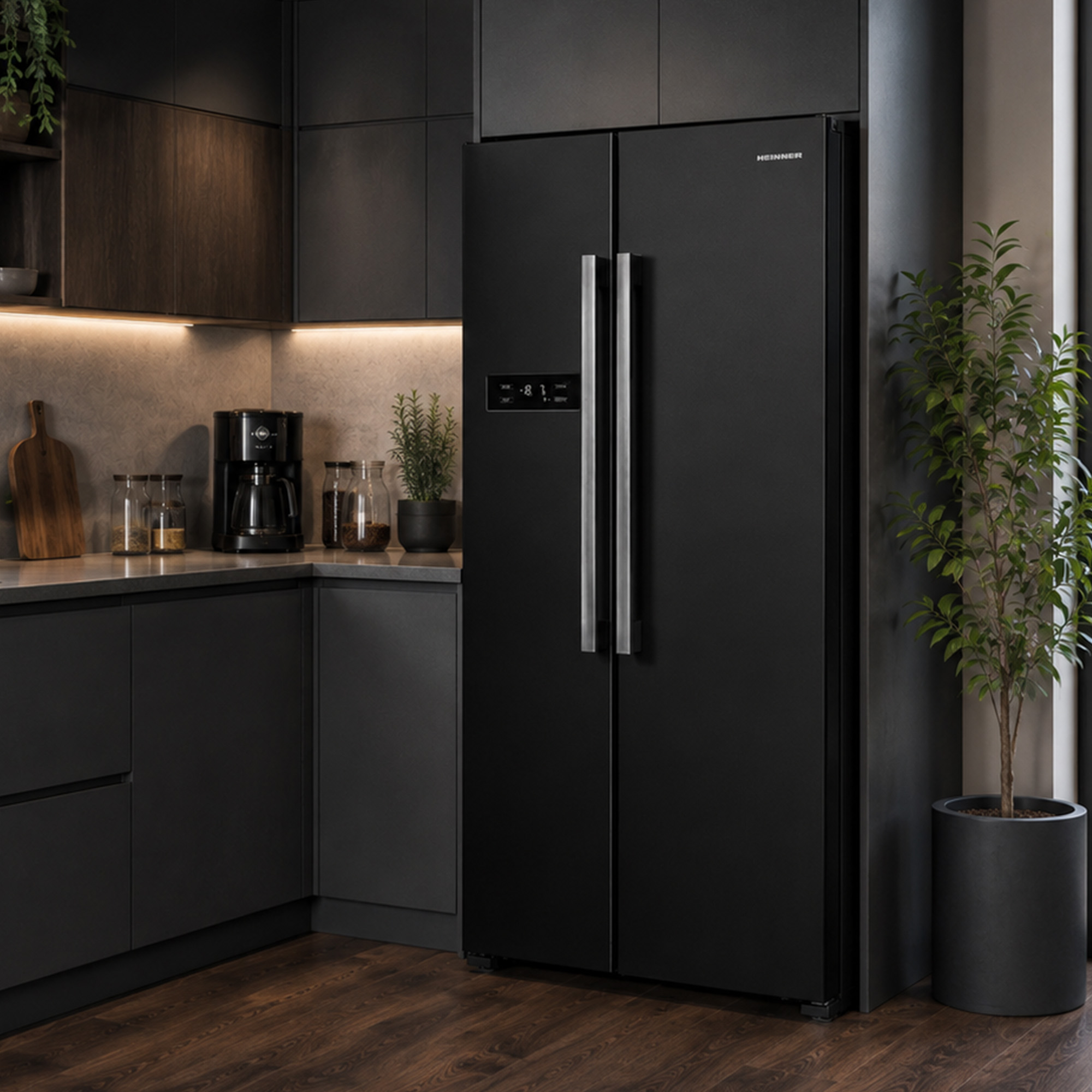 Réfrigérateur-congélateur américain noir moderne dans une cuisine sombre avec sol en bois et plantes.