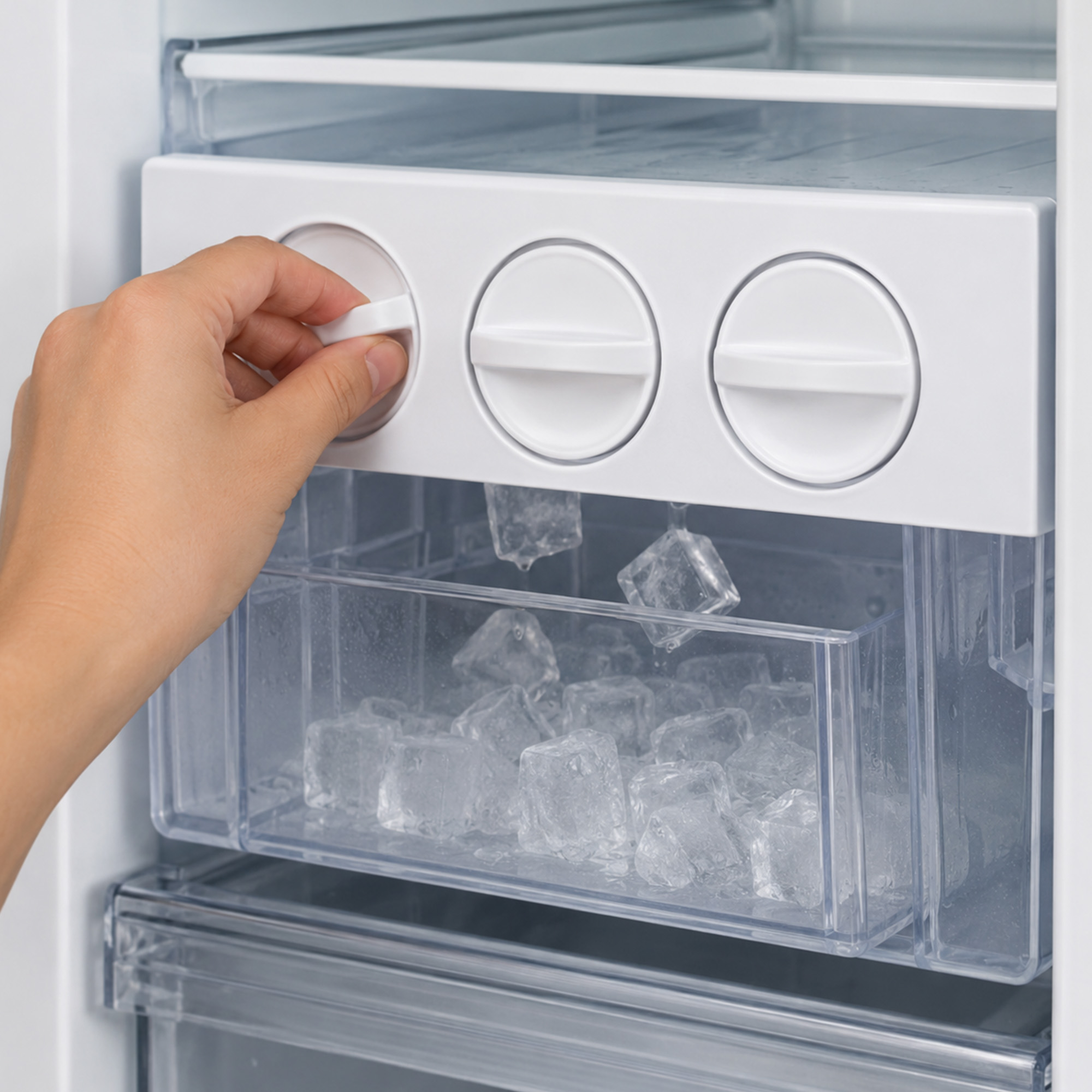 Une main tourne le bouton d'un bac à glaçons, faisant tomber des cubes dans un bac transparent.