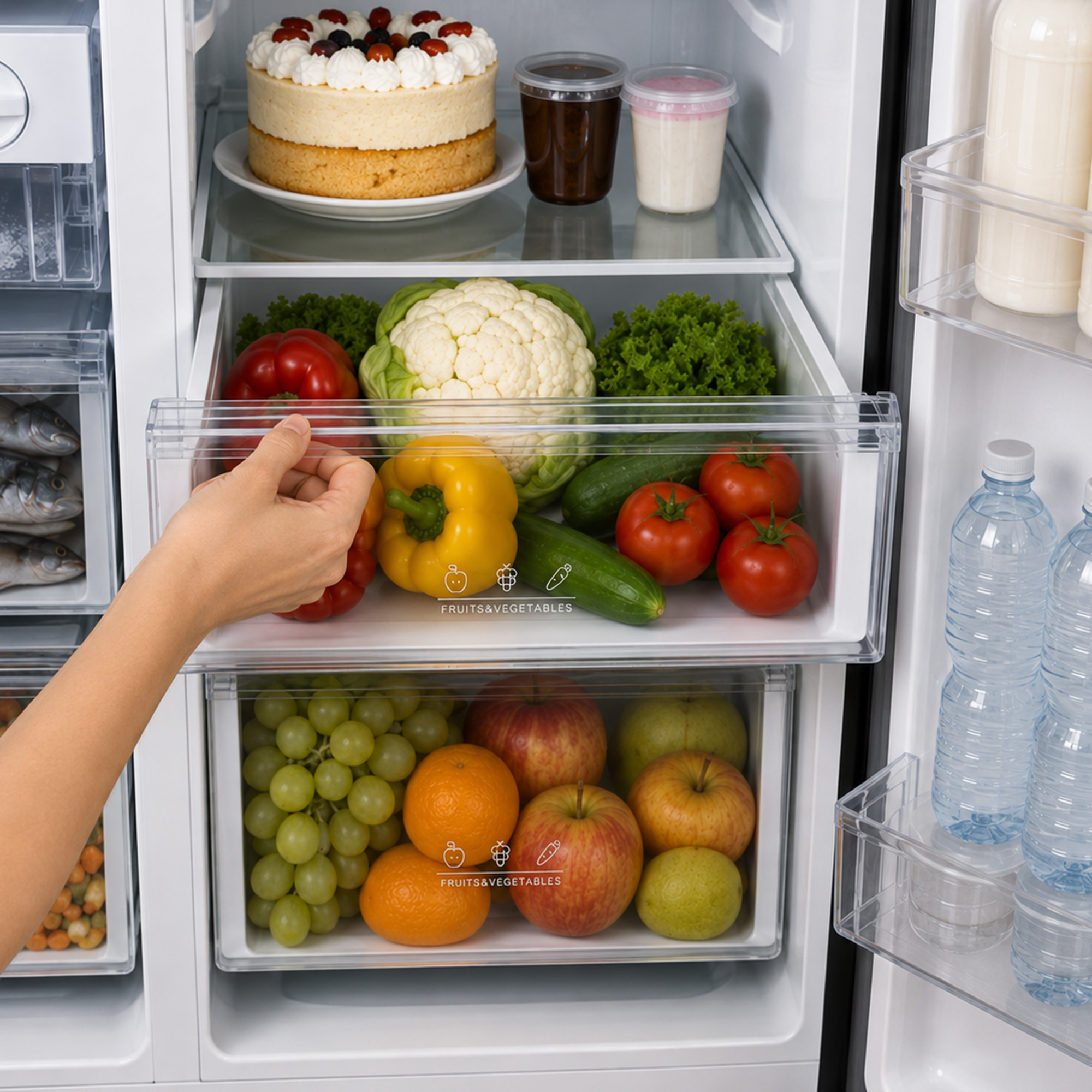 Un réfrigérateur ouvert présente des fruits, des légumes, un gâteau, des bouteilles et du yaourt sur les étagères.