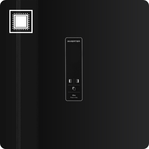 Czarne drzwi lodówki z panelem sterowania inverter i ikoną chipa w lewym górnym rogu.