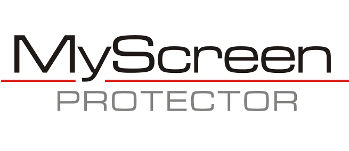 Logo MyScreen Protector z czarnym tekstem u góry, czerwoną linią i szarym tekstem Protector na dole.