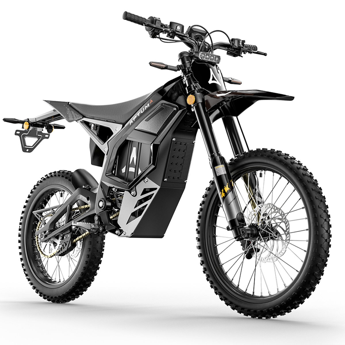 Elegancki, czarny elektryczny motocykl crossowy z oponami z bieżnikiem na białym tle.
