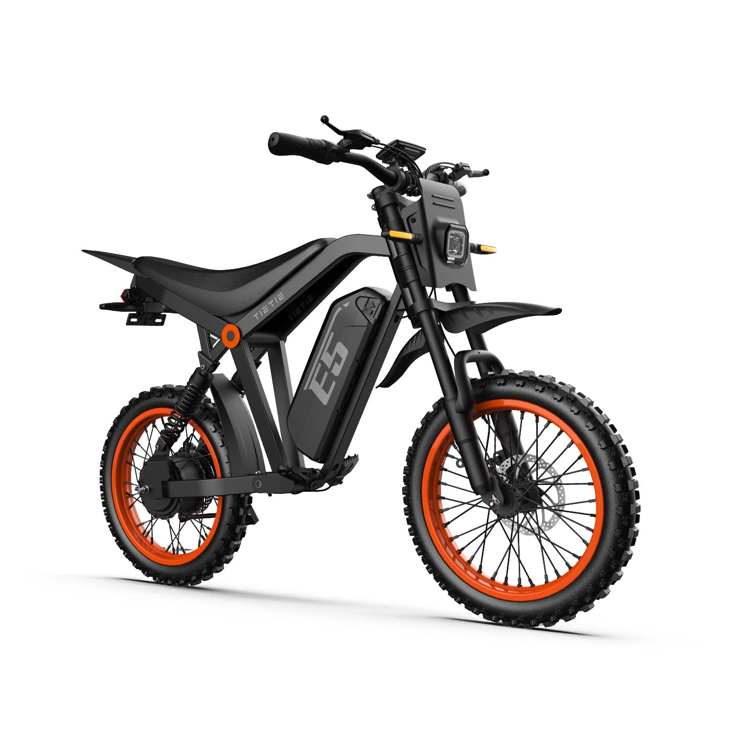 Czarny elektryczny motocykl terenowy z pomarańczowymi felgami i napisem E5 stoi na białym tle.