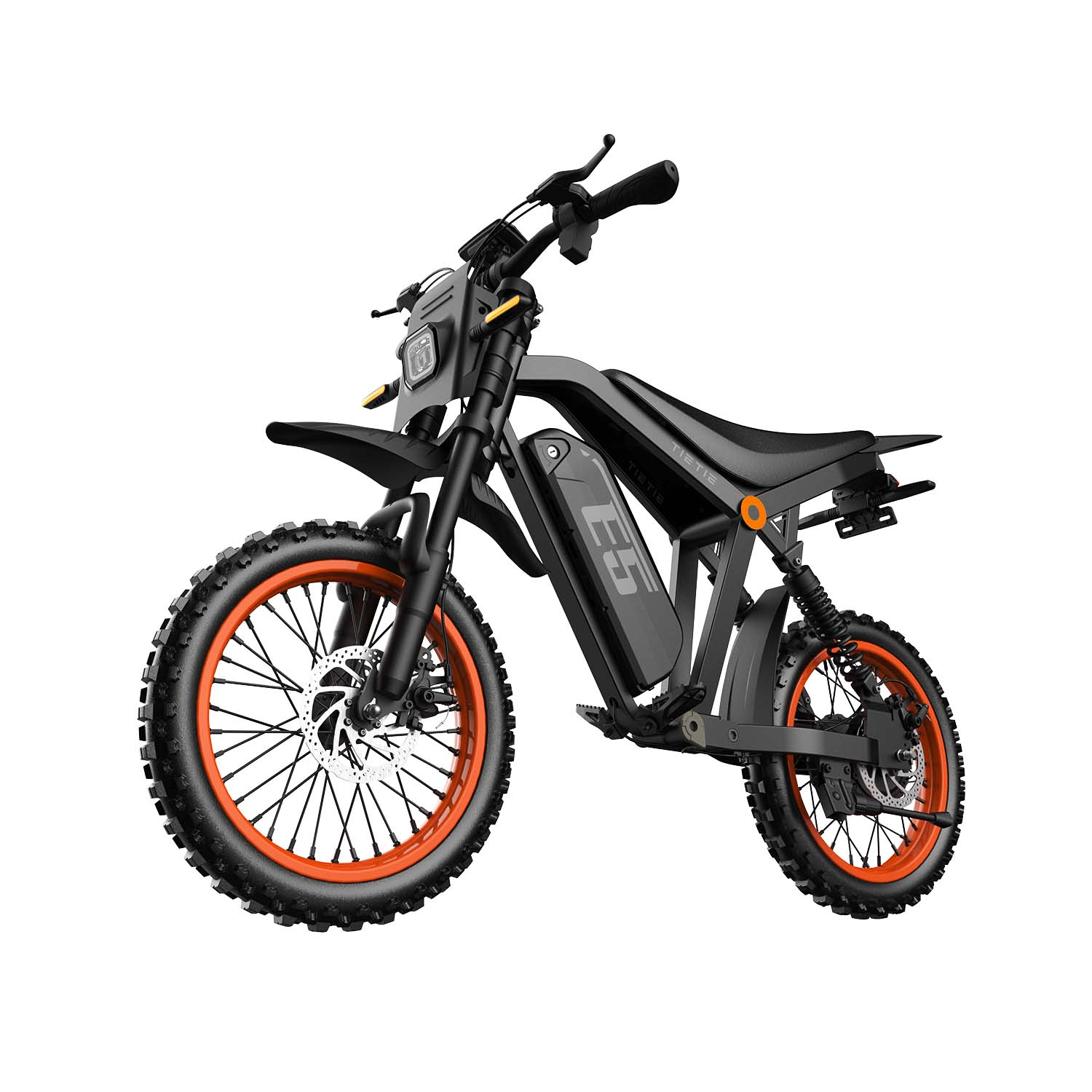 Czarny motocykl elektryczny z pomarańczowymi felgami, oponami terenowymi i baterią z napisem E5 na białym tle.