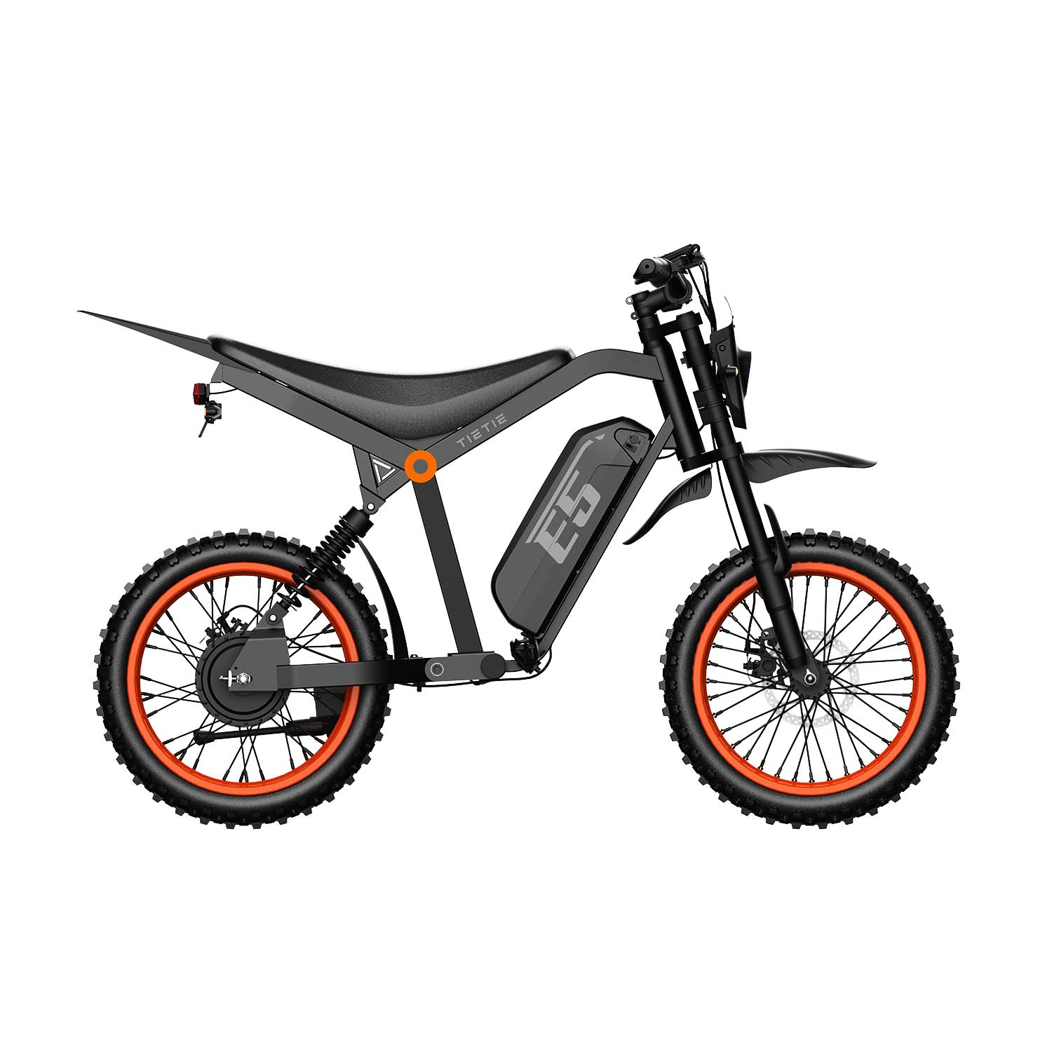 Czarny elektryczny motocykl crossowy z pomarańczowymi felgami i baterią z napisem E5 na białym tle.