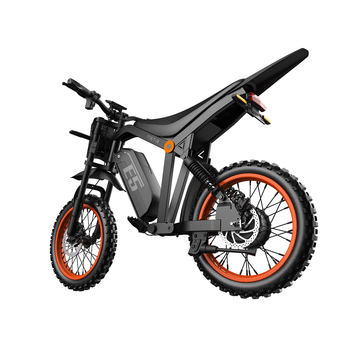 Elegancki czarny elektryczny motocykl terenowy z pomarańczowymi obręczami, oponami kostkowymi i napisem E5.