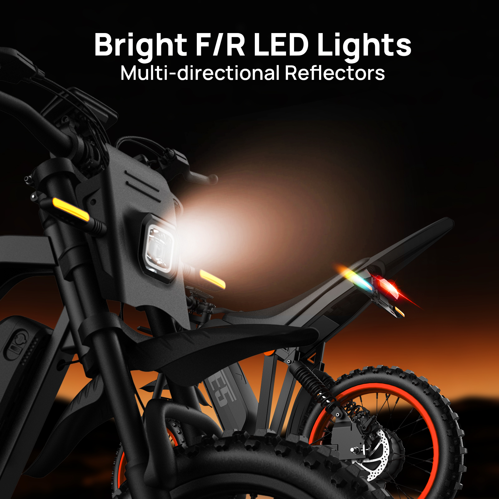 Czarny elektryczny motocykl terenowy z jasnym światłem przednim i tylnymi LED.