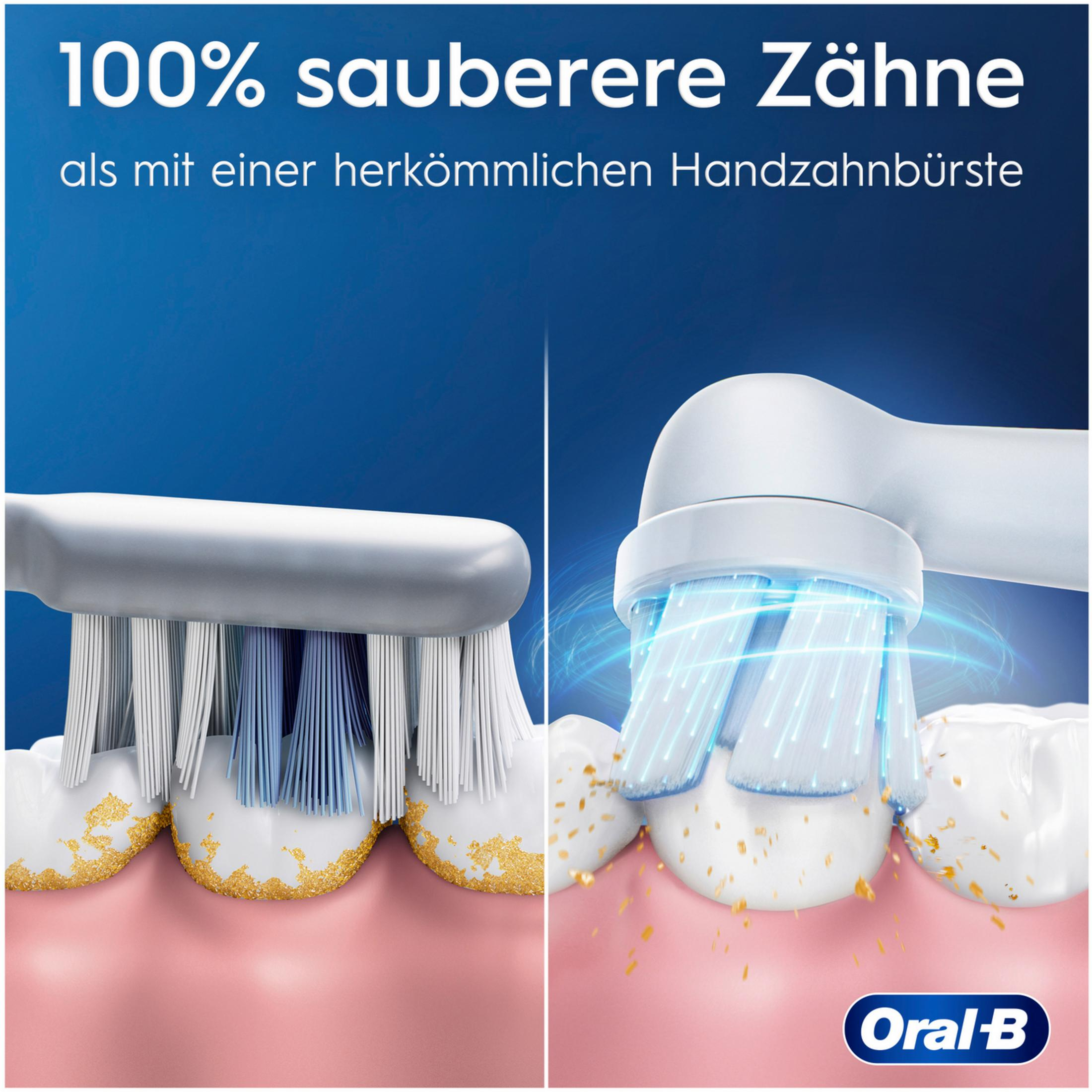 Confronto tra spazzolino manuale con residui gialli e spazzolino elettrico Oral-B che rimuove la placca.