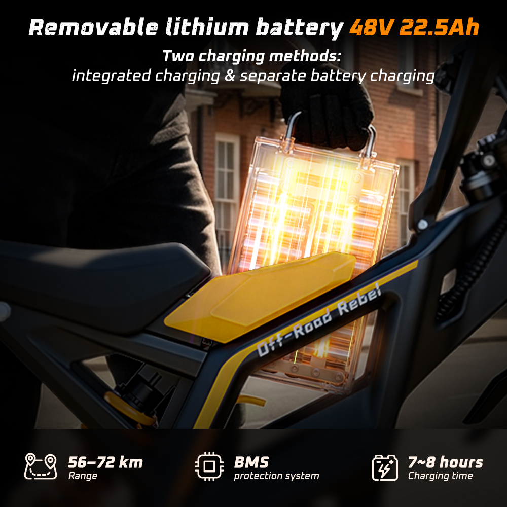 Osoba trzymająca wyjmowaną, świecącą baterię litową 48V 22.5Ah do roweru elektrycznego.