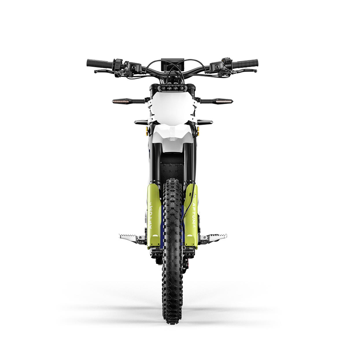 Widok z przodu nowoczesnego elektrycznego motocykla crossowego z białą maską przednią i neonowo zielonymi osłonami widelca.