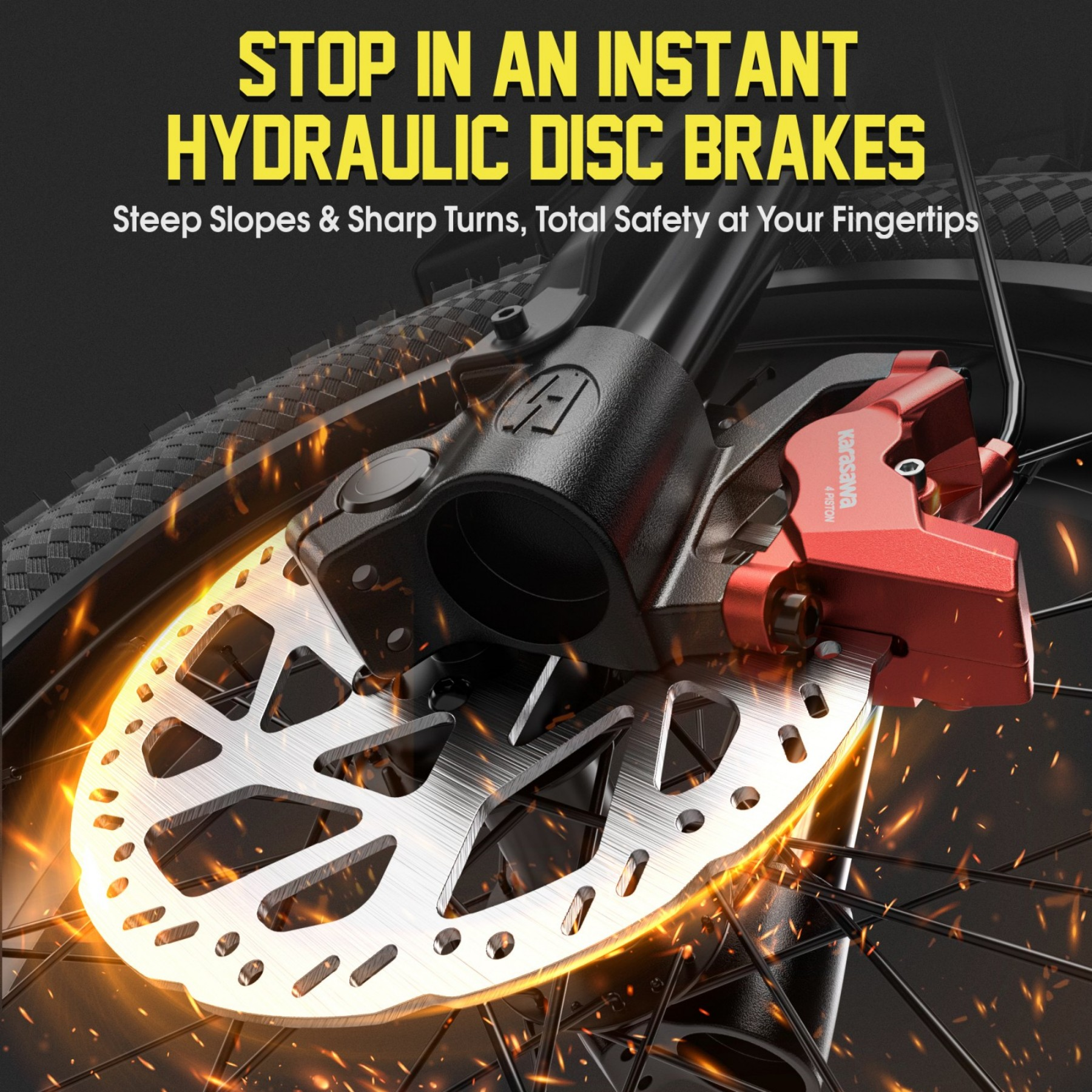 Hydrauliczny hamulec tarczowy z czerwonymi akcentami na kołku roweru, otoczony iskrami.