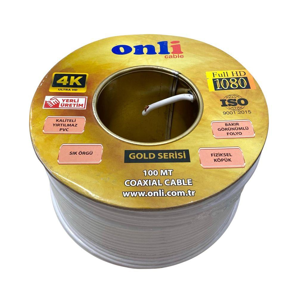 Onli Cable markalı beyaz koaksiyel kablo makarası, üstünde sarı etiketle.