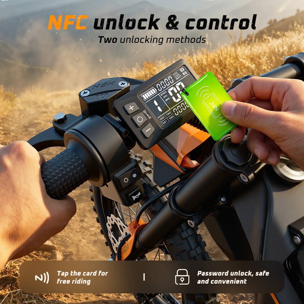 Ręka stuka zieloną kartą NFC w ekran kierownicy roweru g órskiego z nakładkami tekstowymi.