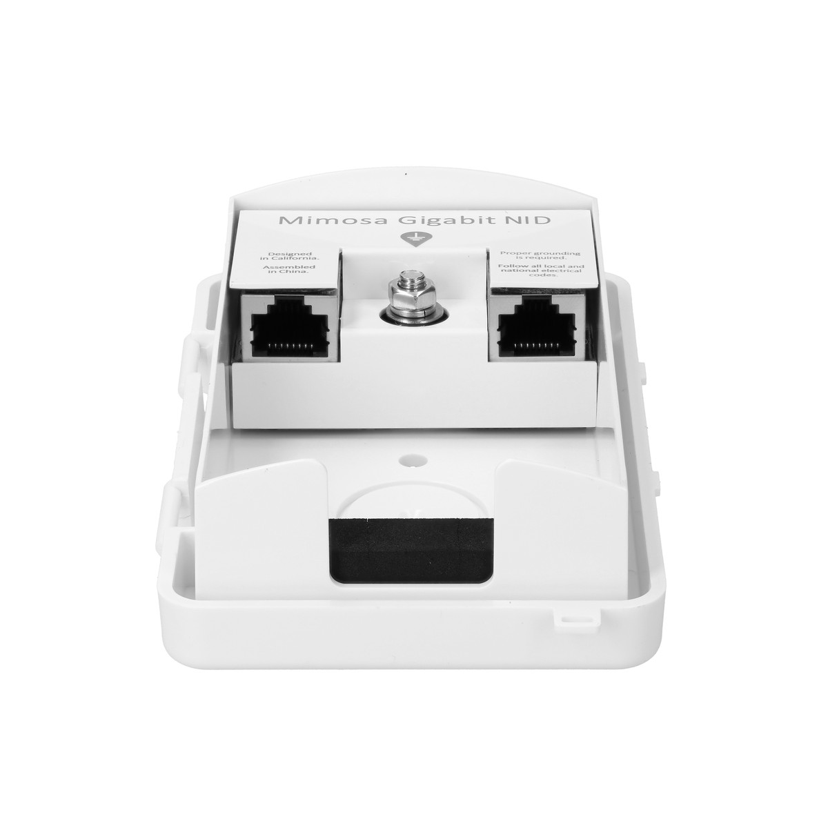 Białe urządzenie Mimosa Gigabit NID z dwoma portami ethernet i śrubą uziemiającą na białym tle.