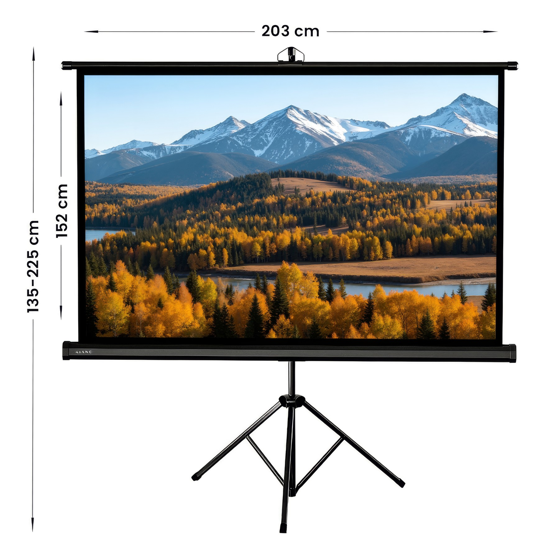 Eine schwarze Stativ-Beamerleinwand zeigt eine herbstliche Berglandschaft, mit Maßangaben für Breite und Höhe.