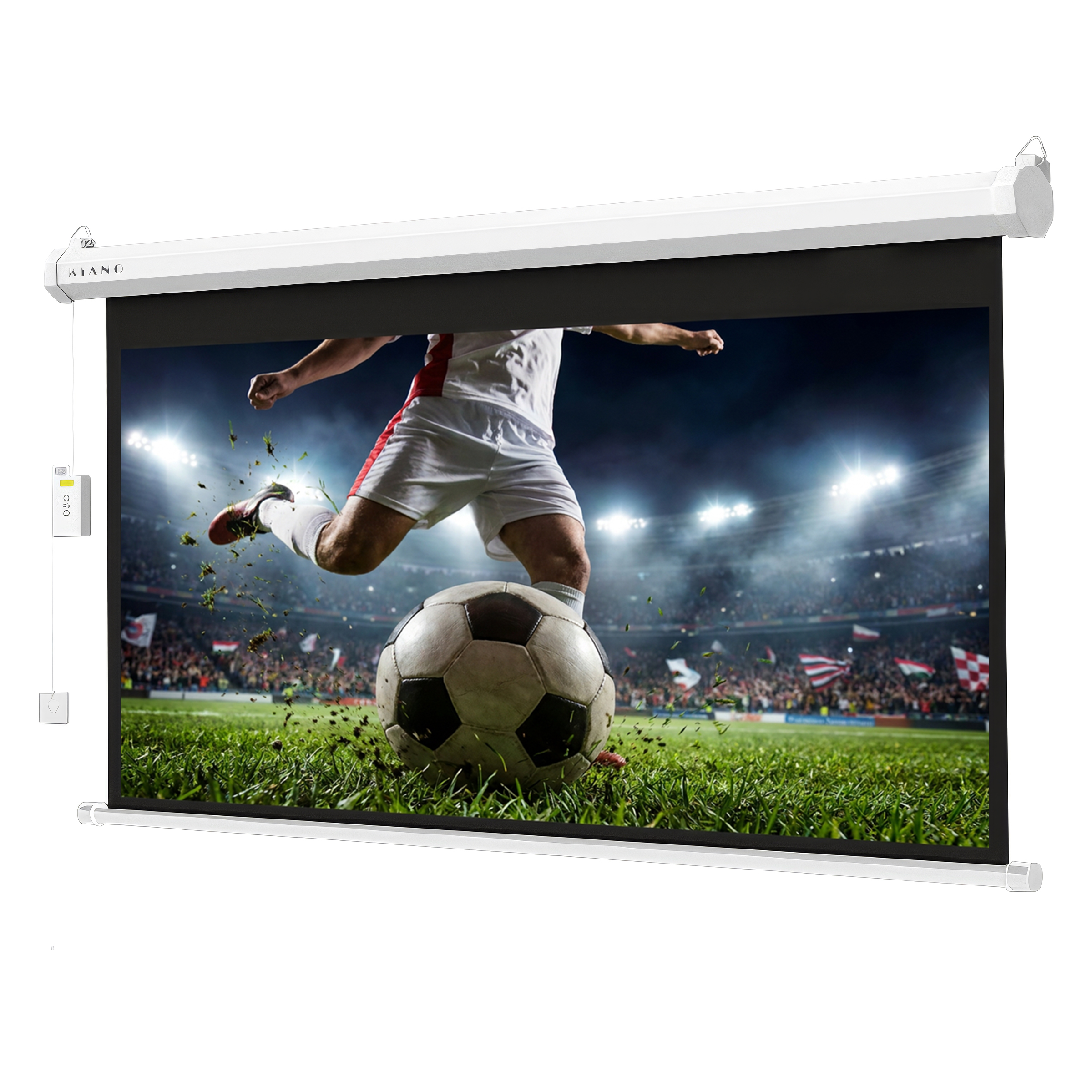 Eine weiße Leinwand zeigt ein Fußballspiel im Stadion mit einem Spieler, der den Ball tritt.