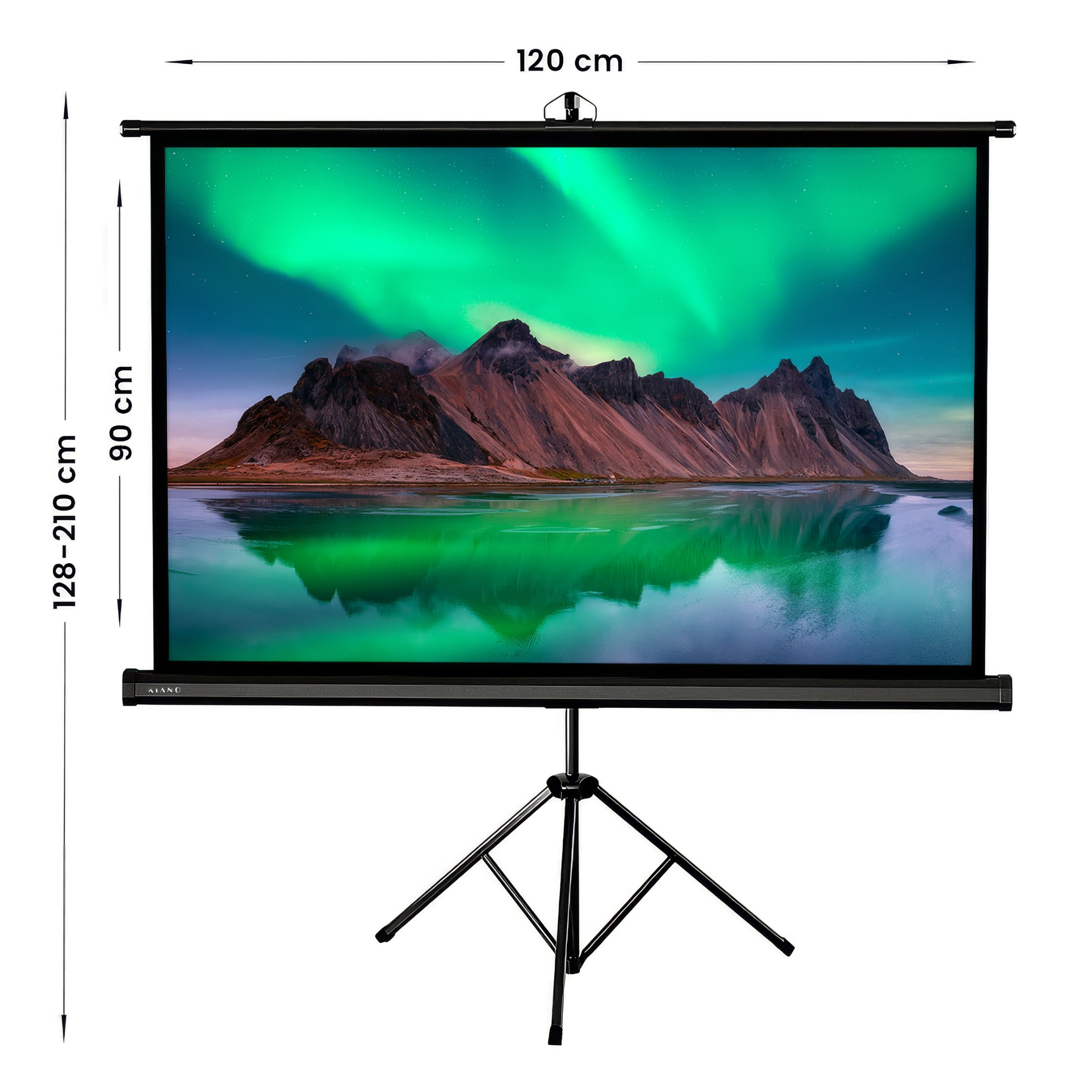 Beamerleinwand auf einem Stativ mit Berg- und Nordlichtlandschaft, Maßangaben zeigen 120x90 cm.