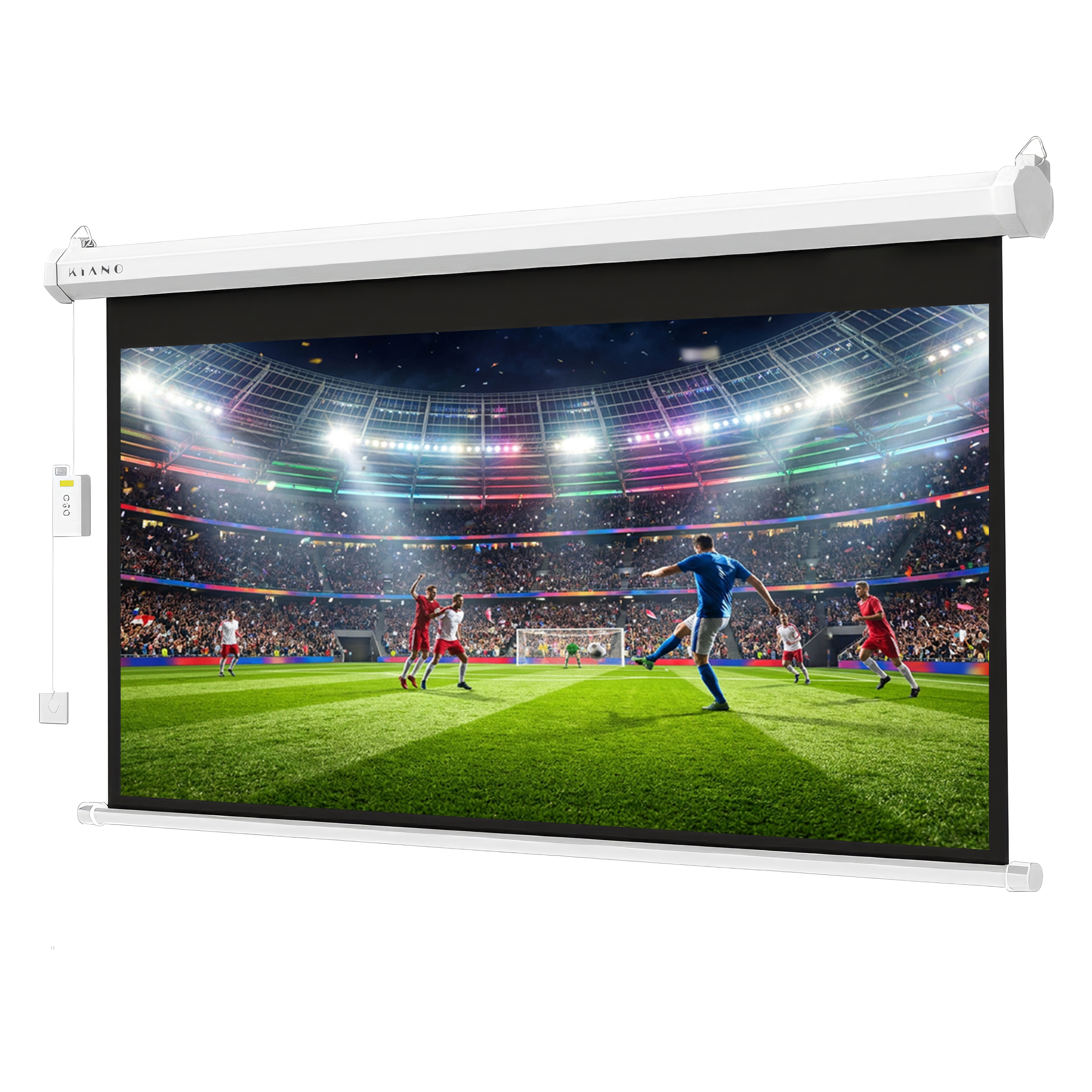 Eine weiße Motorleinwand zeigt ein Fußballspiel in einem hellen, vollen Stadion.