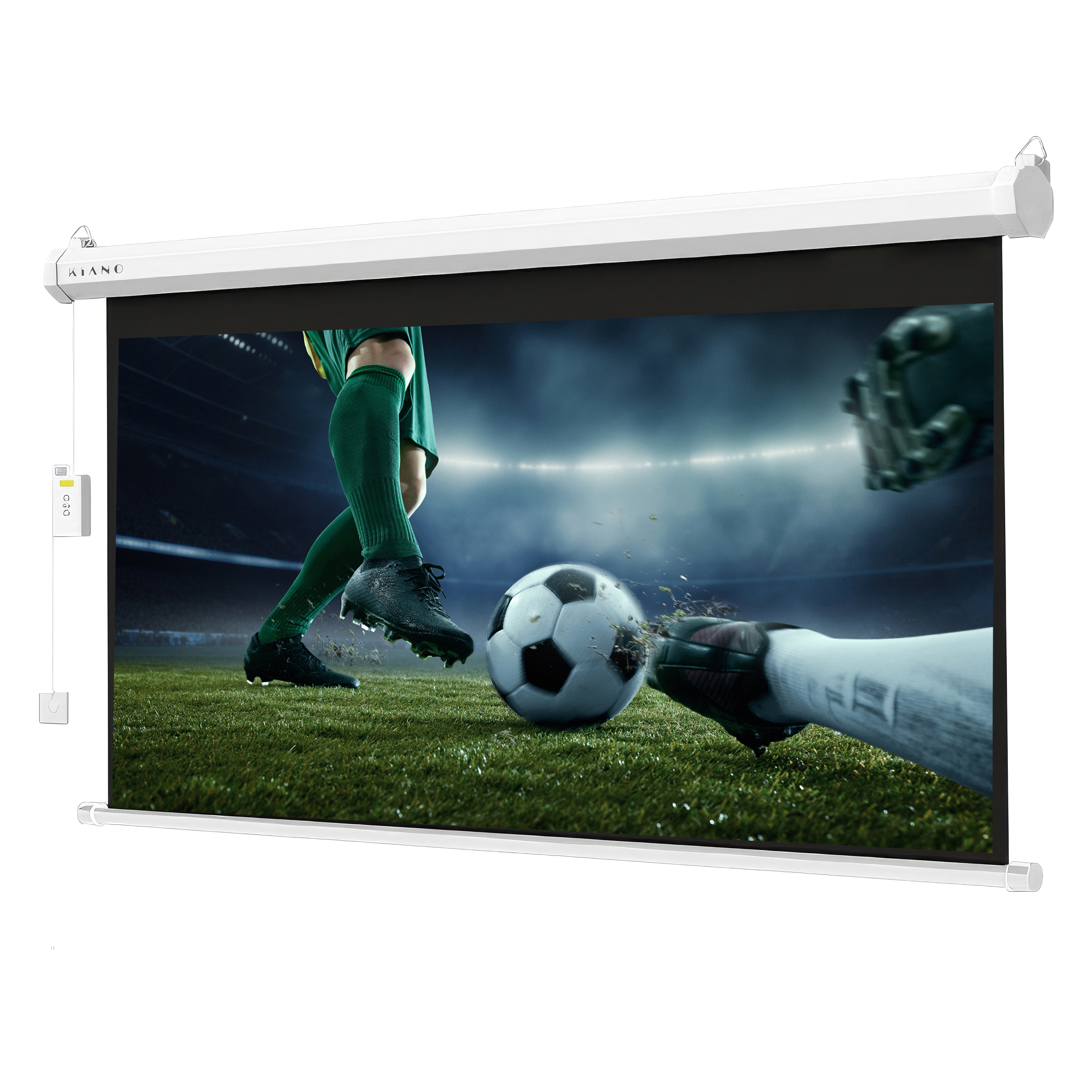 Eine weiße Kiano-Leinwand zeigt eine dramatische Fußballszene in einem Stadion bei Nacht.