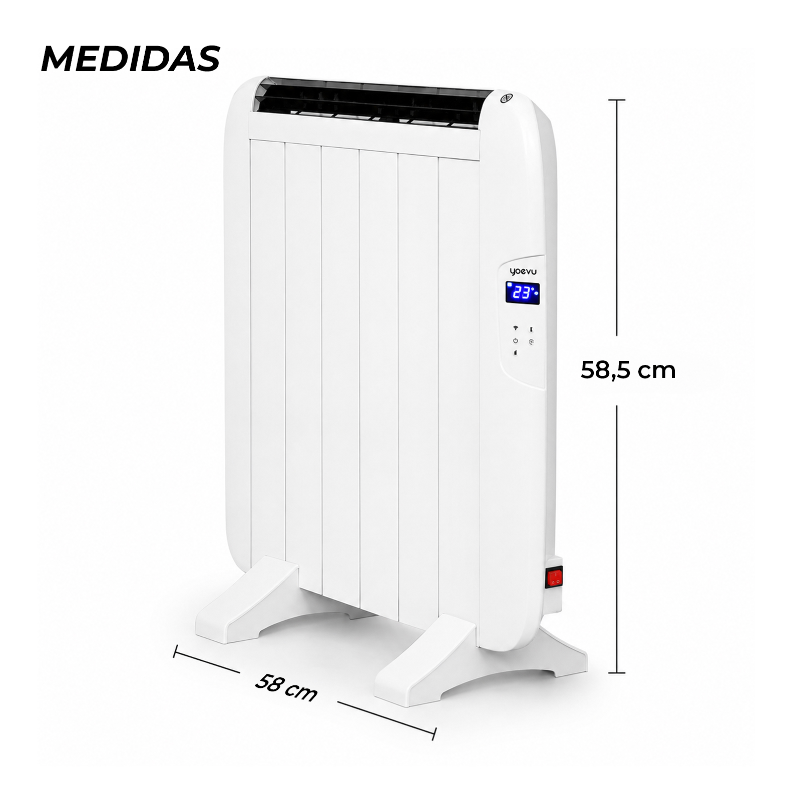 Radiador eléctrico blanco con pantalla digital y dimensiones de 58,5 cm de alto y 58 cm de ancho sobre fondo blanco.