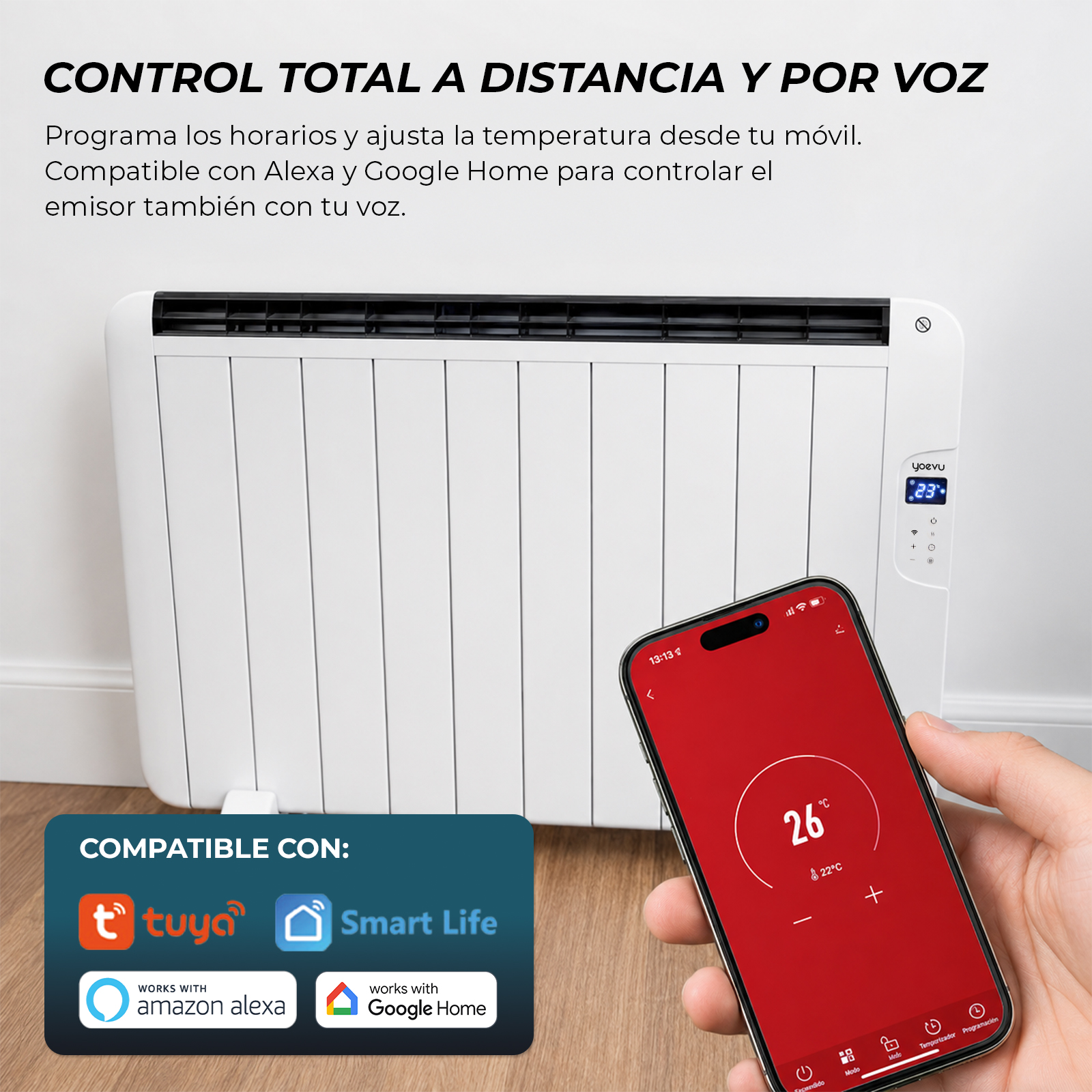 Radiador eléctrico inteligente controlado por móvil, compatible con Tuya, Smart Life, Alexa y Google Home.