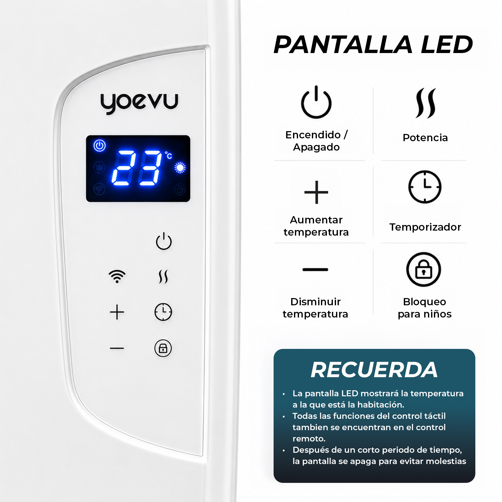 Pantalla LED y panel de control táctil Yoevu con explicación de símbolos y funciones.