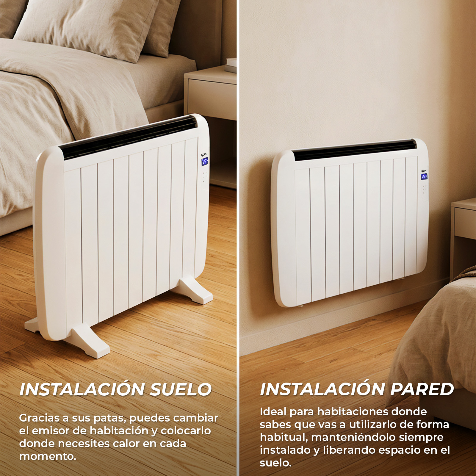 Comparación de dos instalaciones de calefactor en el dormitorio: de pie en el suelo o montado en la pared.