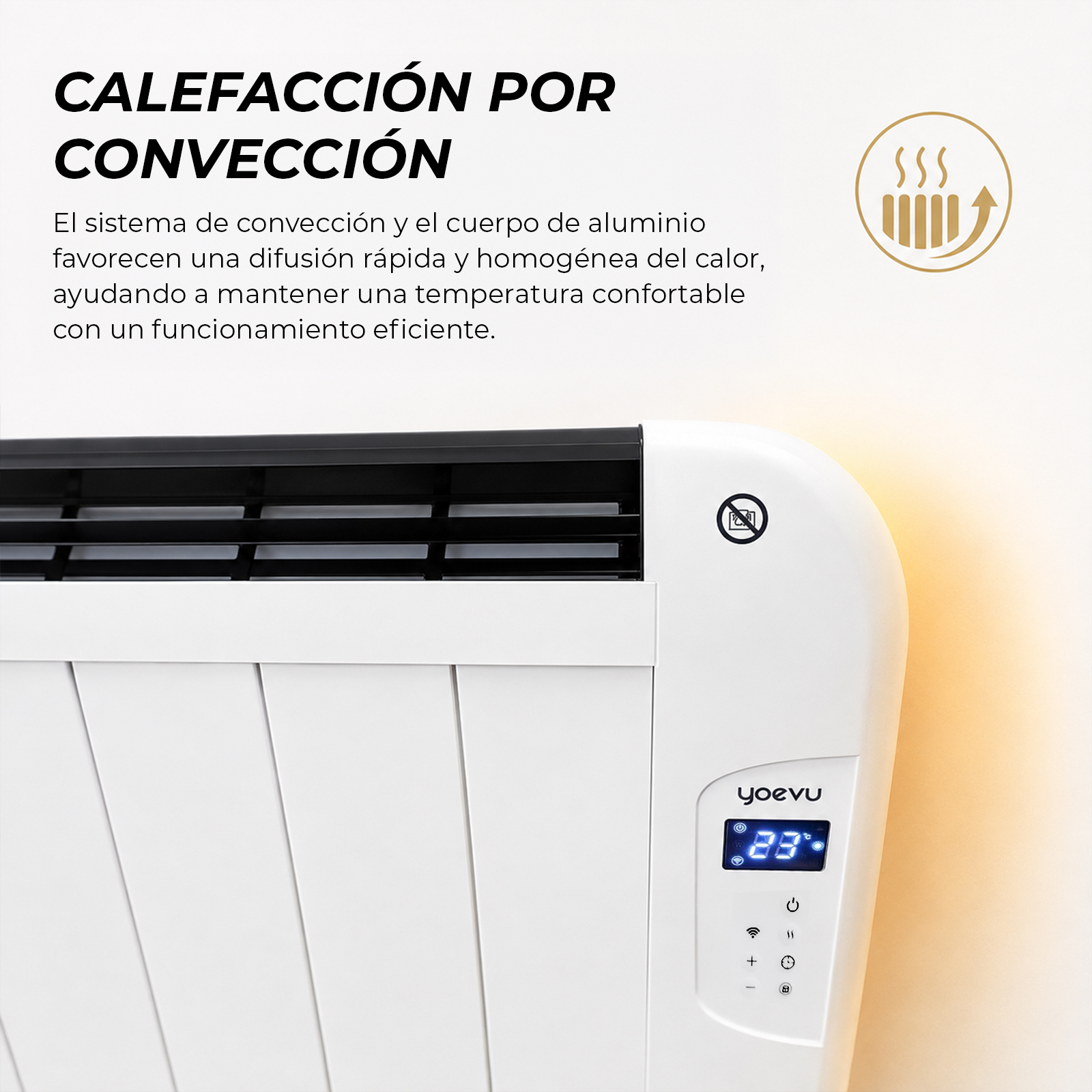Un calefactor por convección blanco con pantalla digital y texto en español sobre difusión rápida y homogénea del calor.