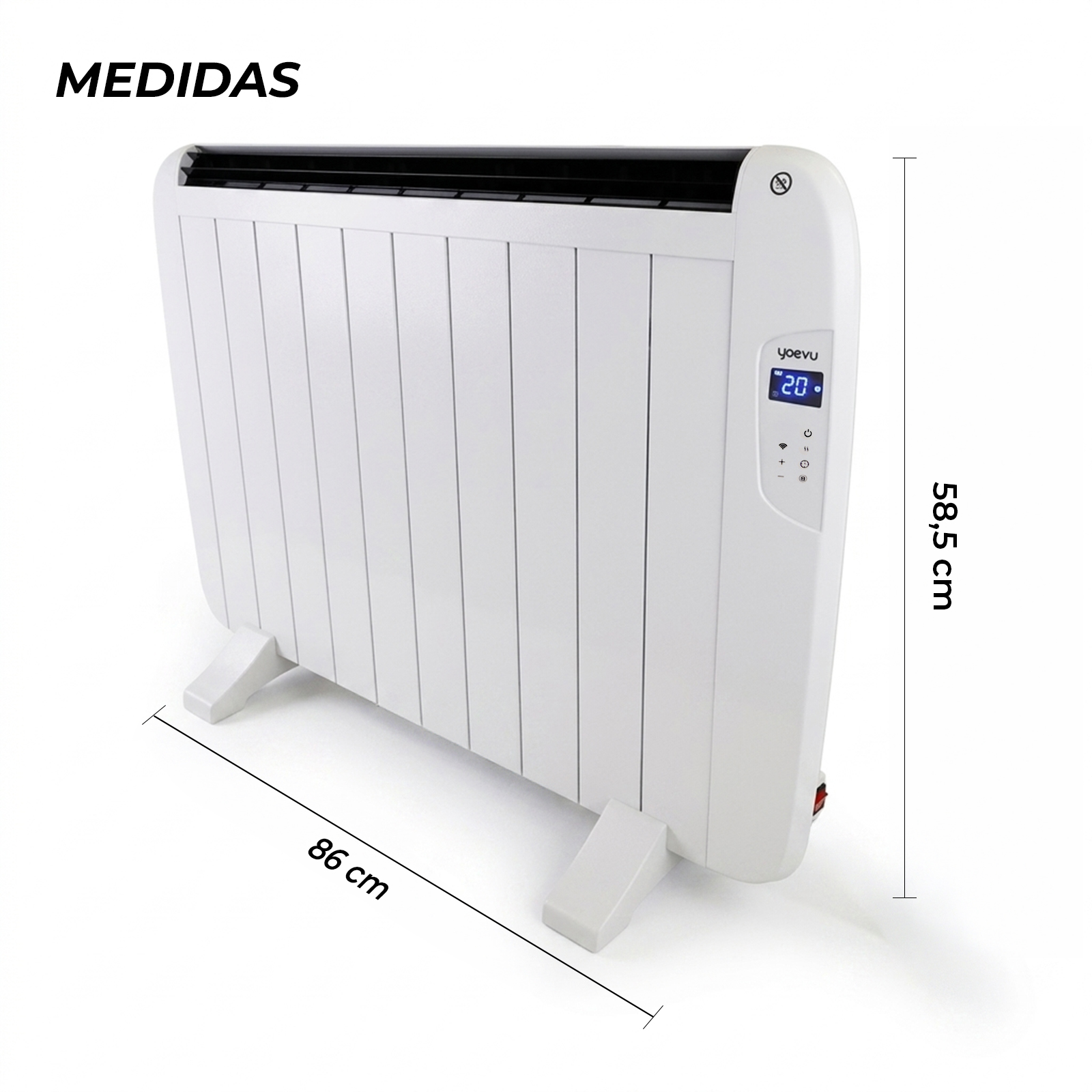 Radiador eléctrico blanco con pantalla digital y dimensiones de 86 cm de largo y 58,5 cm de alto sobre fondo blanco.