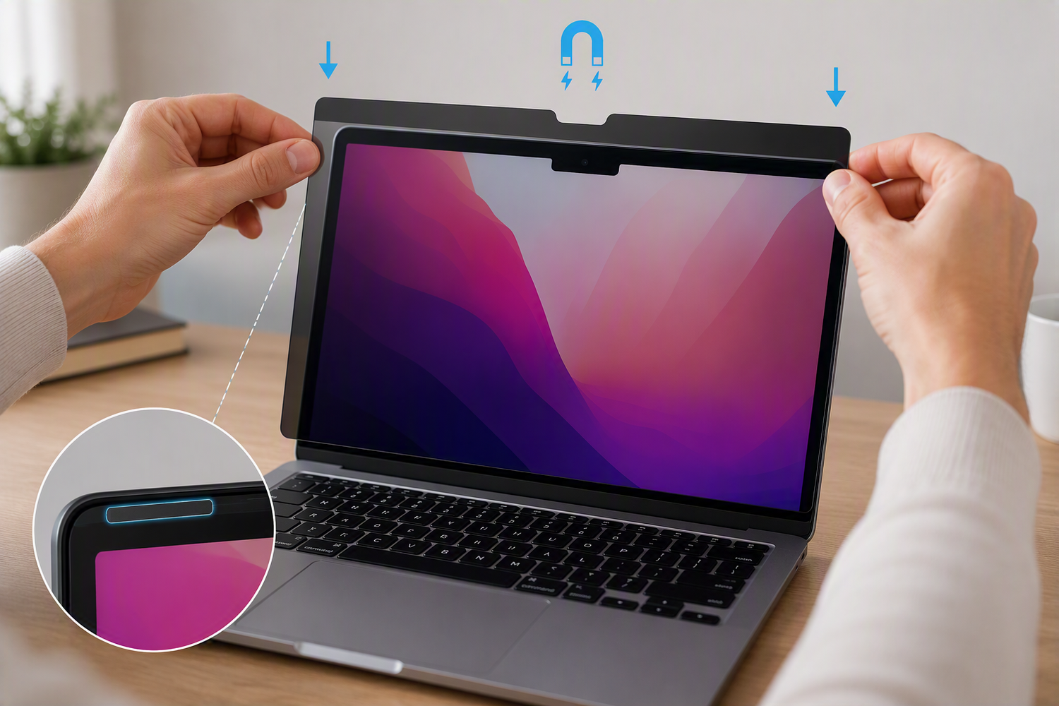 Osoba mocuje magnetycznie filtr prywatności na ekranie laptopa na drewnianym biurku.