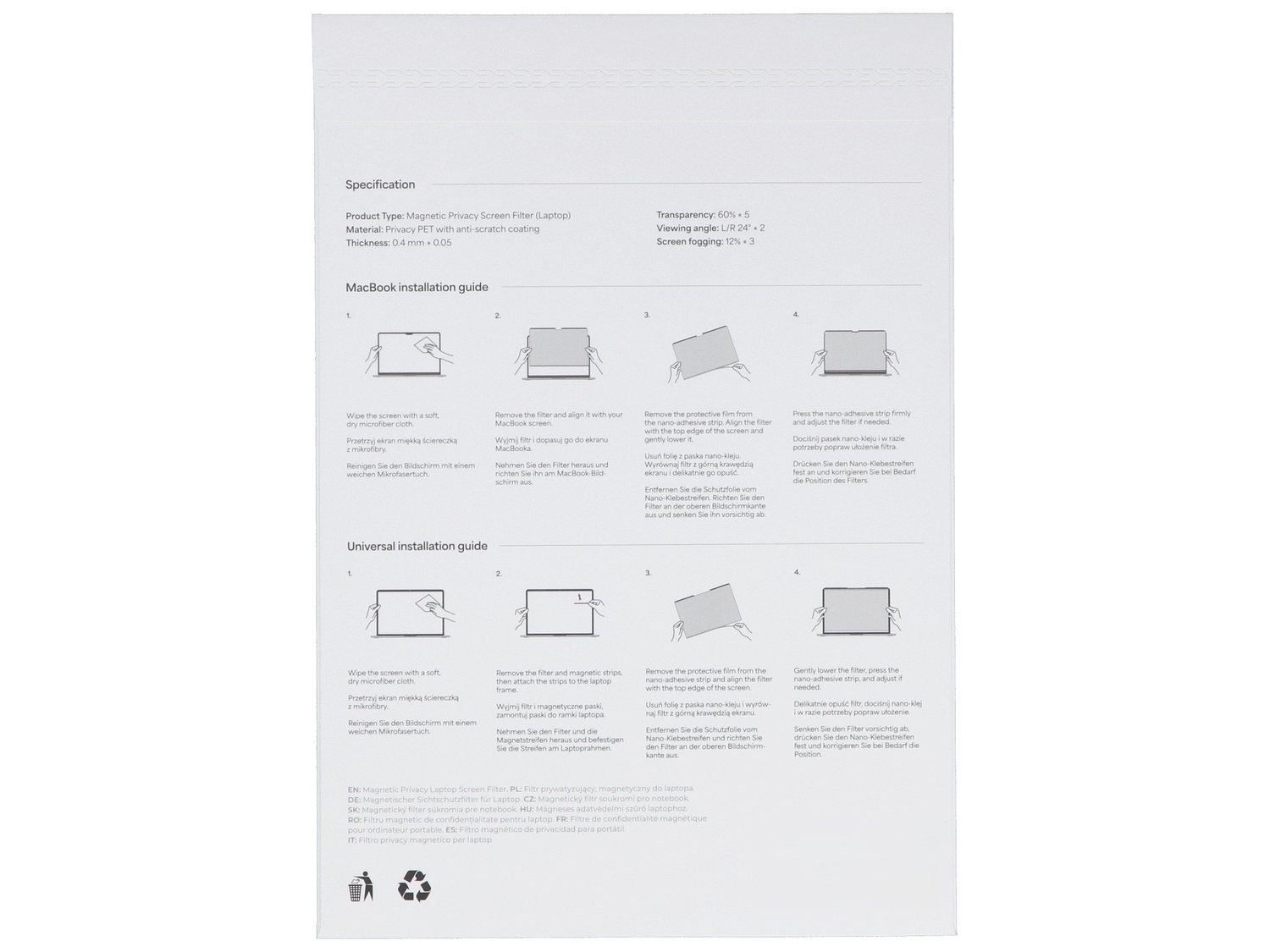 Instrukcja montażu magnetycznych filtrów prywatności do laptopów z ilustracjami krok po kroku.