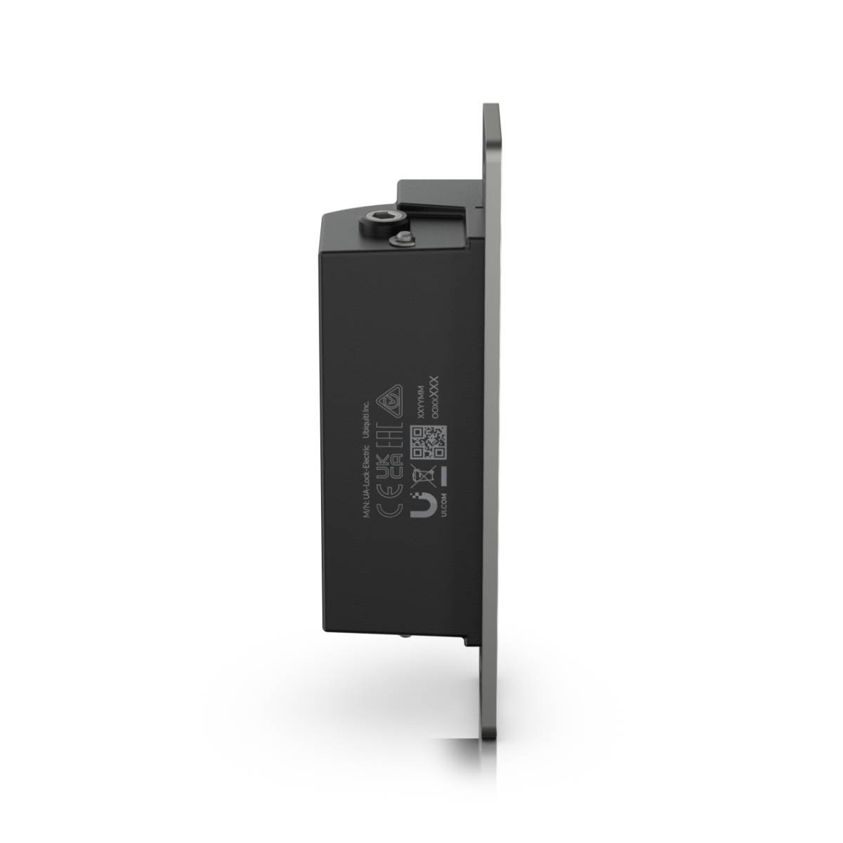 Widok z boku czarnego zamka elektronicznego ze znakiem CE, kodem QR i etykietami tekstowymi.