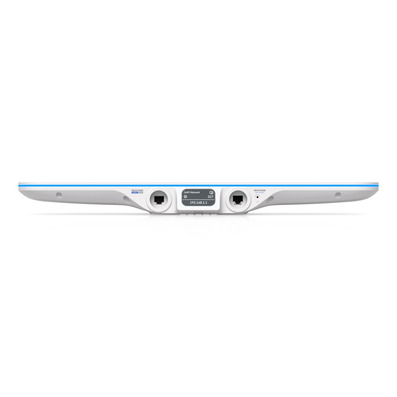 Biały, smukły router sieciowy z dwoma portami Ethernet, małym wyświetlaczem i niebieskim paskiem LED.